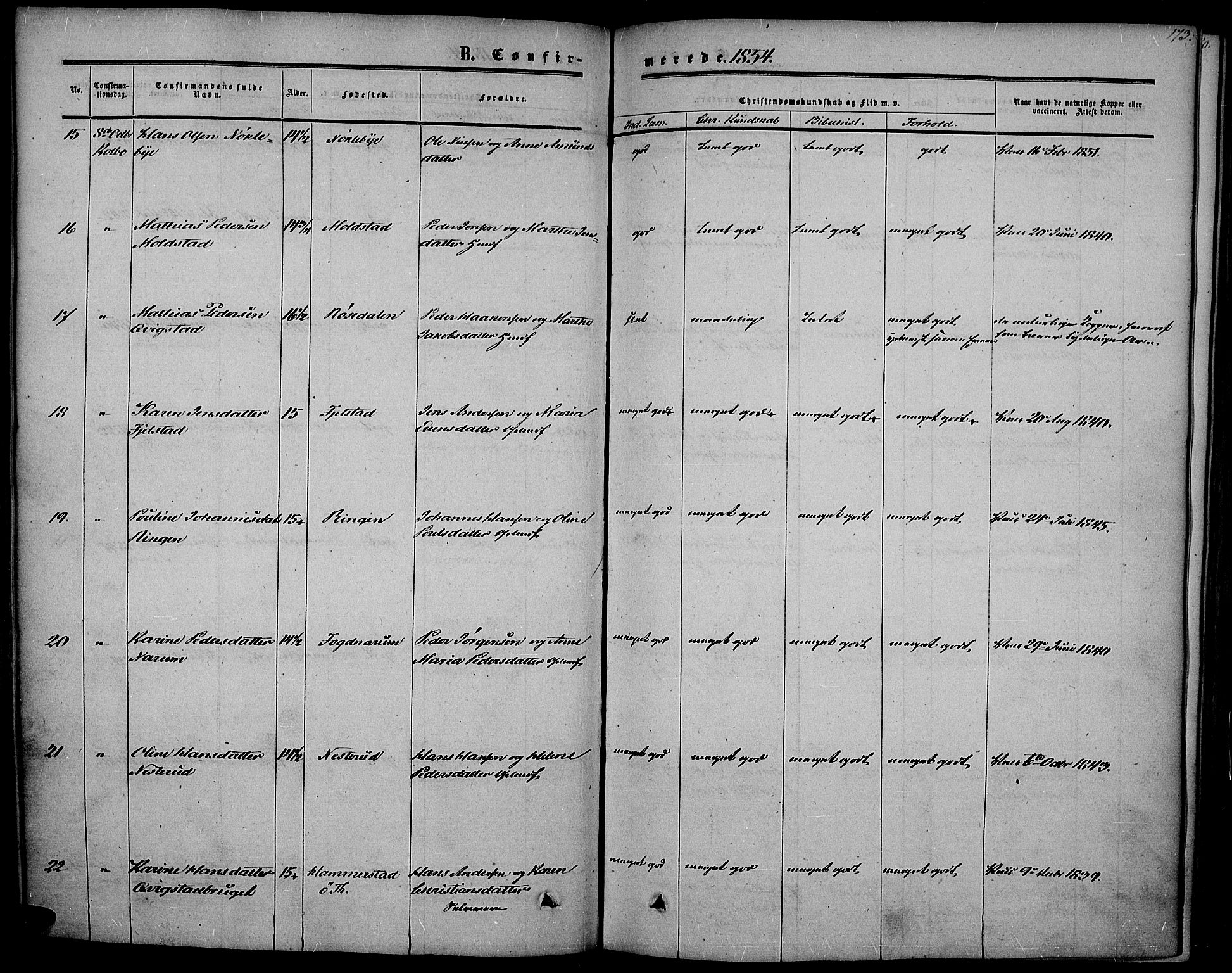 Vestre Toten prestekontor, AV/SAH-PREST-108/H/Ha/Haa/L0005: Parish register (official) no. 5, 1850-1855, p. 173