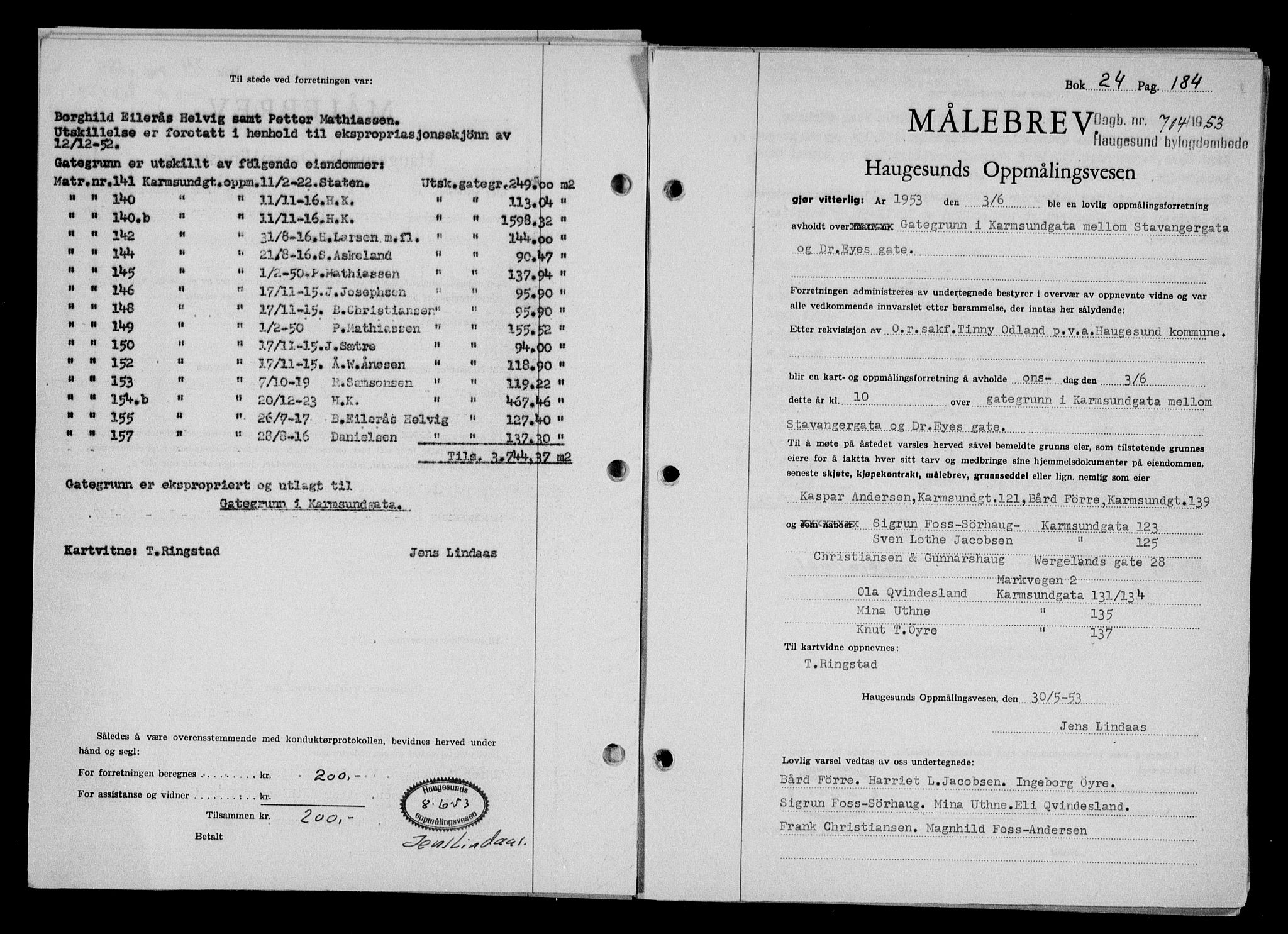 Haugesund tingrett, AV/SAST-A-101415/01/II/IIC/L0065: Mortgage book no. A 6, 1951-1953, Diary no: : 704/1953