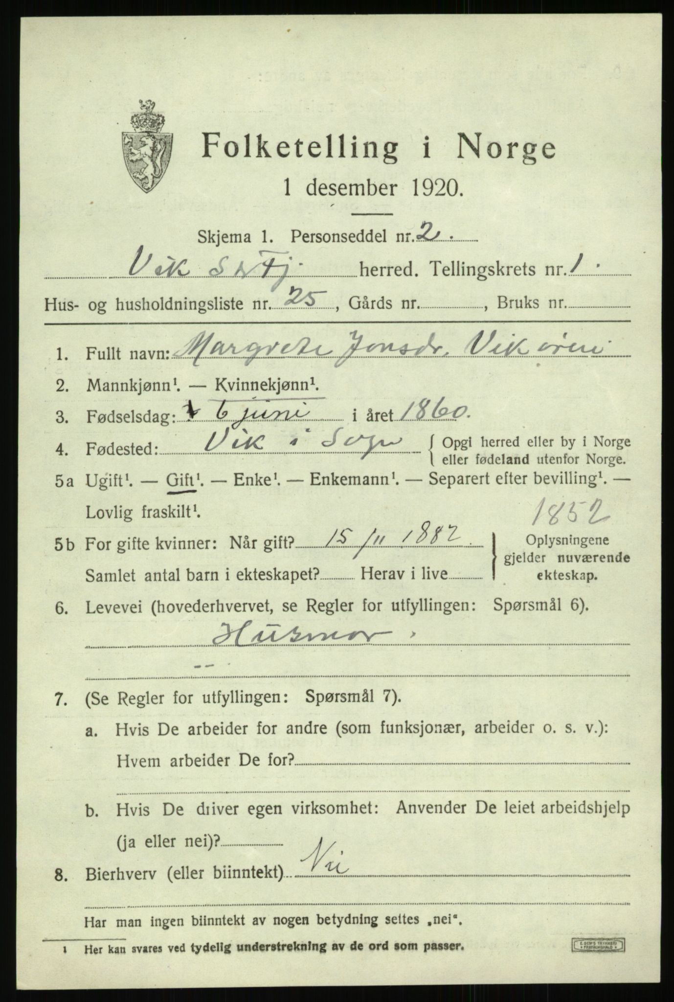 SAB, 1920 census for Vik, 1920, p. 1487