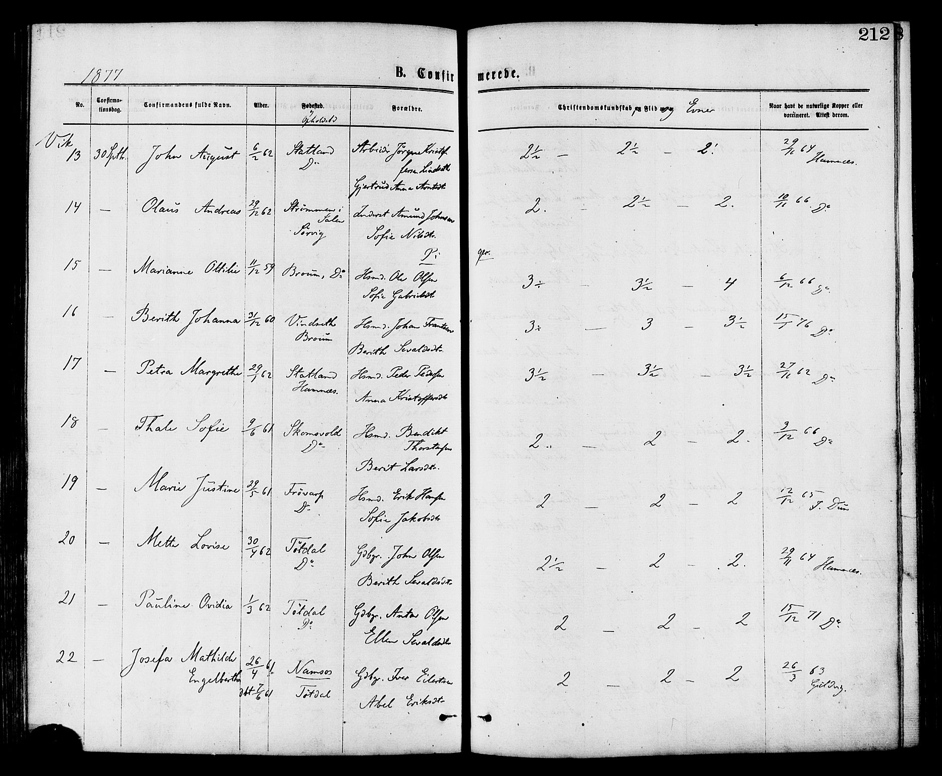 Ministerialprotokoller, klokkerbøker og fødselsregistre - Nord-Trøndelag, SAT/A-1458/773/L0616: Parish register (official) no. 773A07, 1870-1887, p. 212