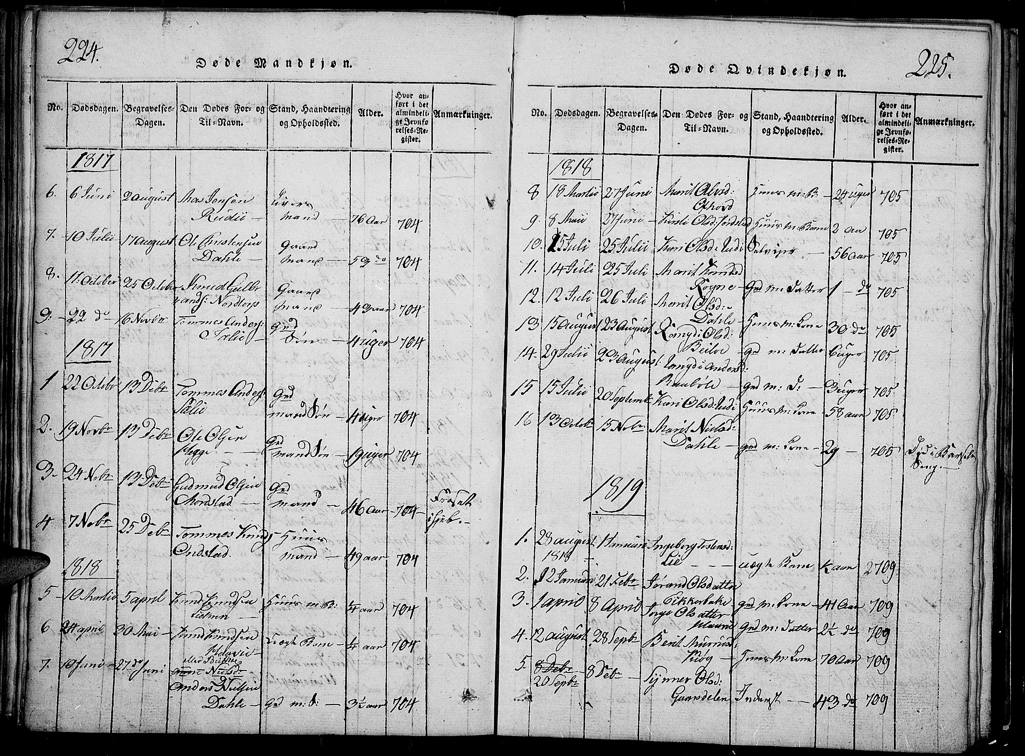 Slidre prestekontor, SAH/PREST-134/H/Ha/Hab/L0002: Parish register (copy) no. 2, 1814-1839, p. 224-225