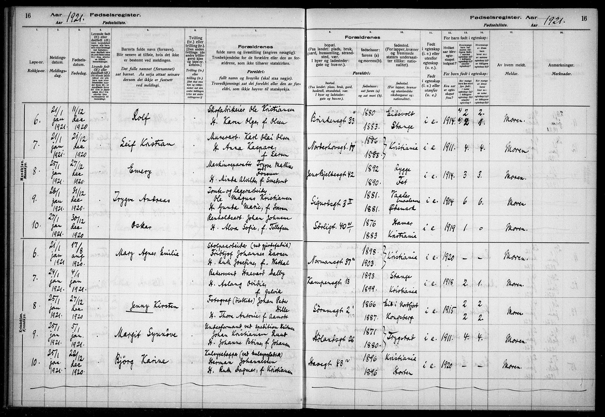 Kampen prestekontor Kirkebøker, AV/SAO-A-10853/J/Ja/L0002: Birth register no. 2, 1920-1935, p. 16