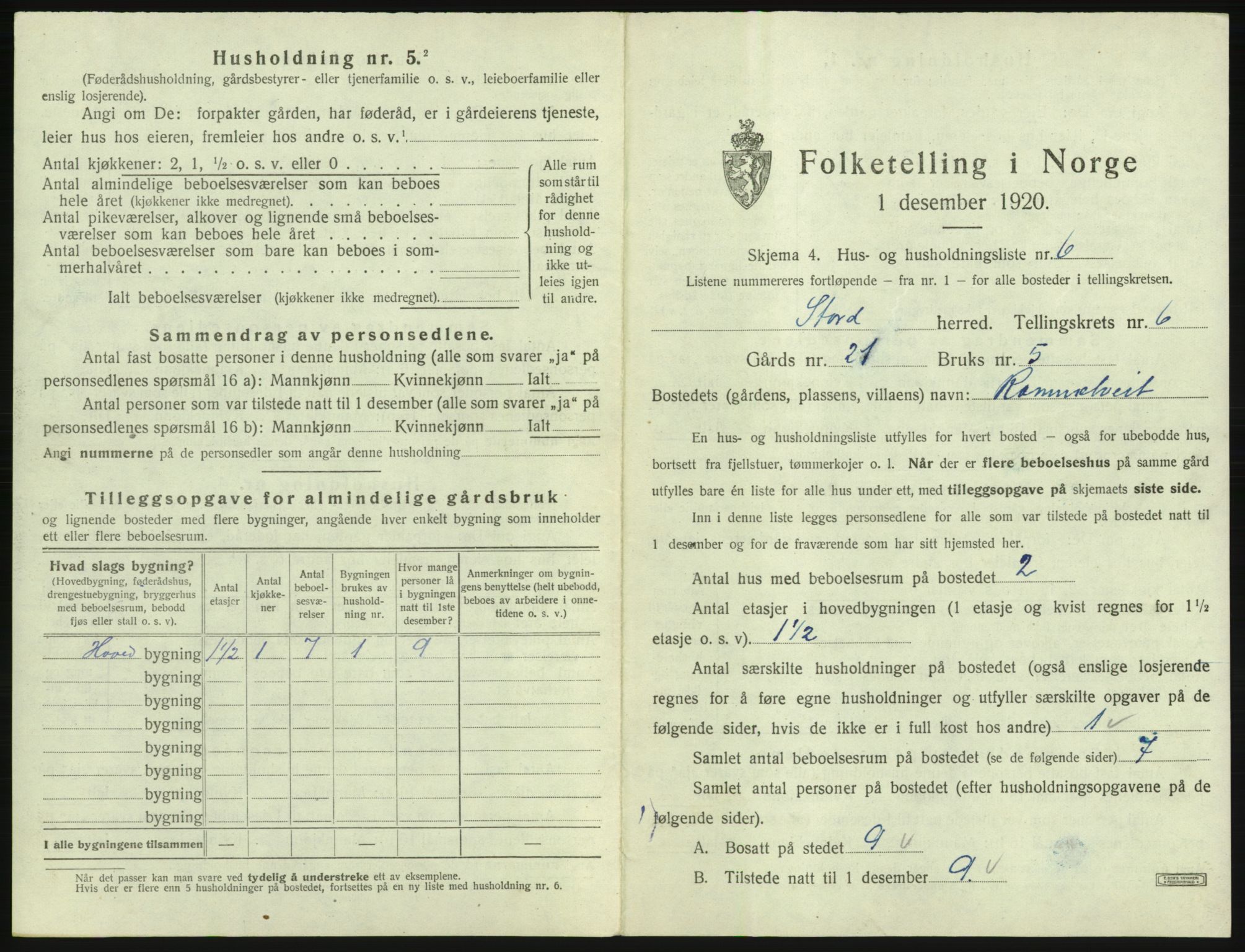 SAB, 1920 census for Stord, 1920, p. 230