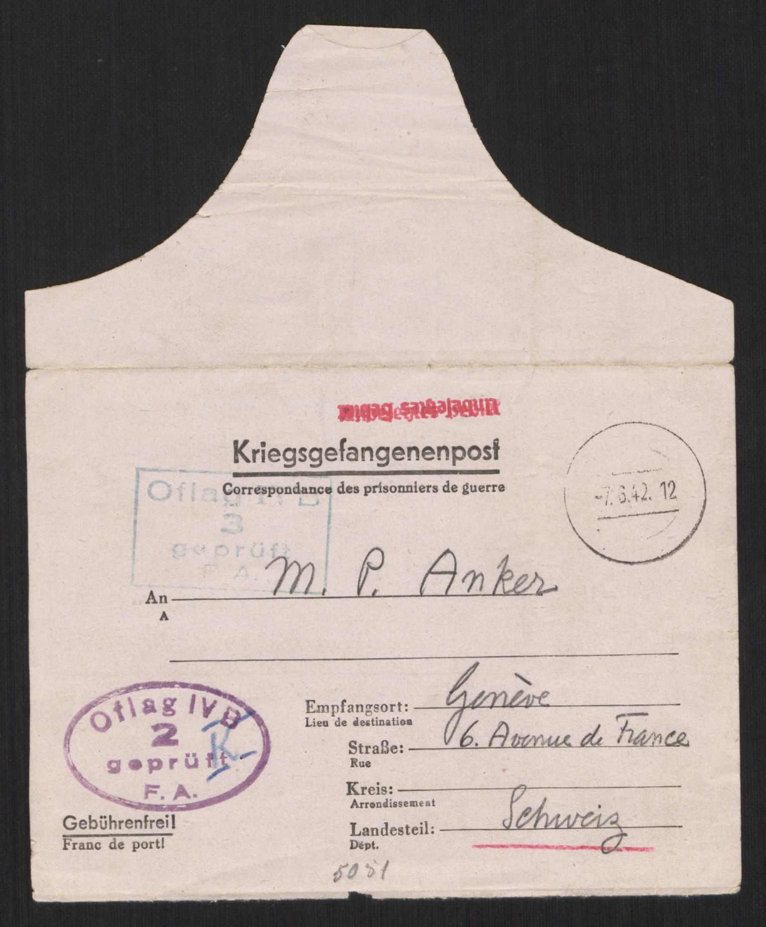 Norske offiserer i tysk fangenskap, AV/RA-PA-1468/F/L0002/0010: Krigsfangebrev m.m. / Otto Ruge - Peter Anker, 1941-1945