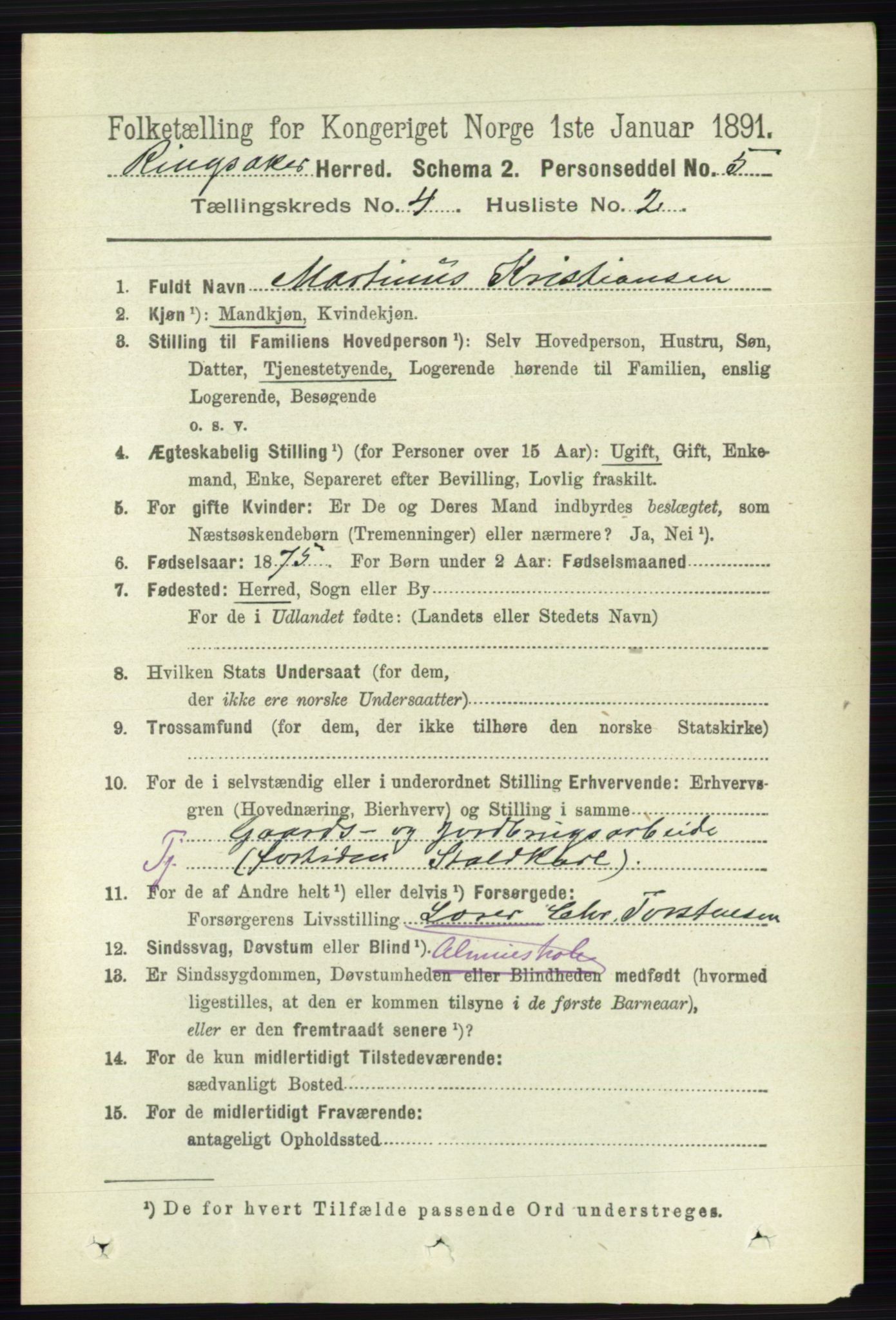 RA, 1891 census for 0412 Ringsaker, 1891, p. 1784