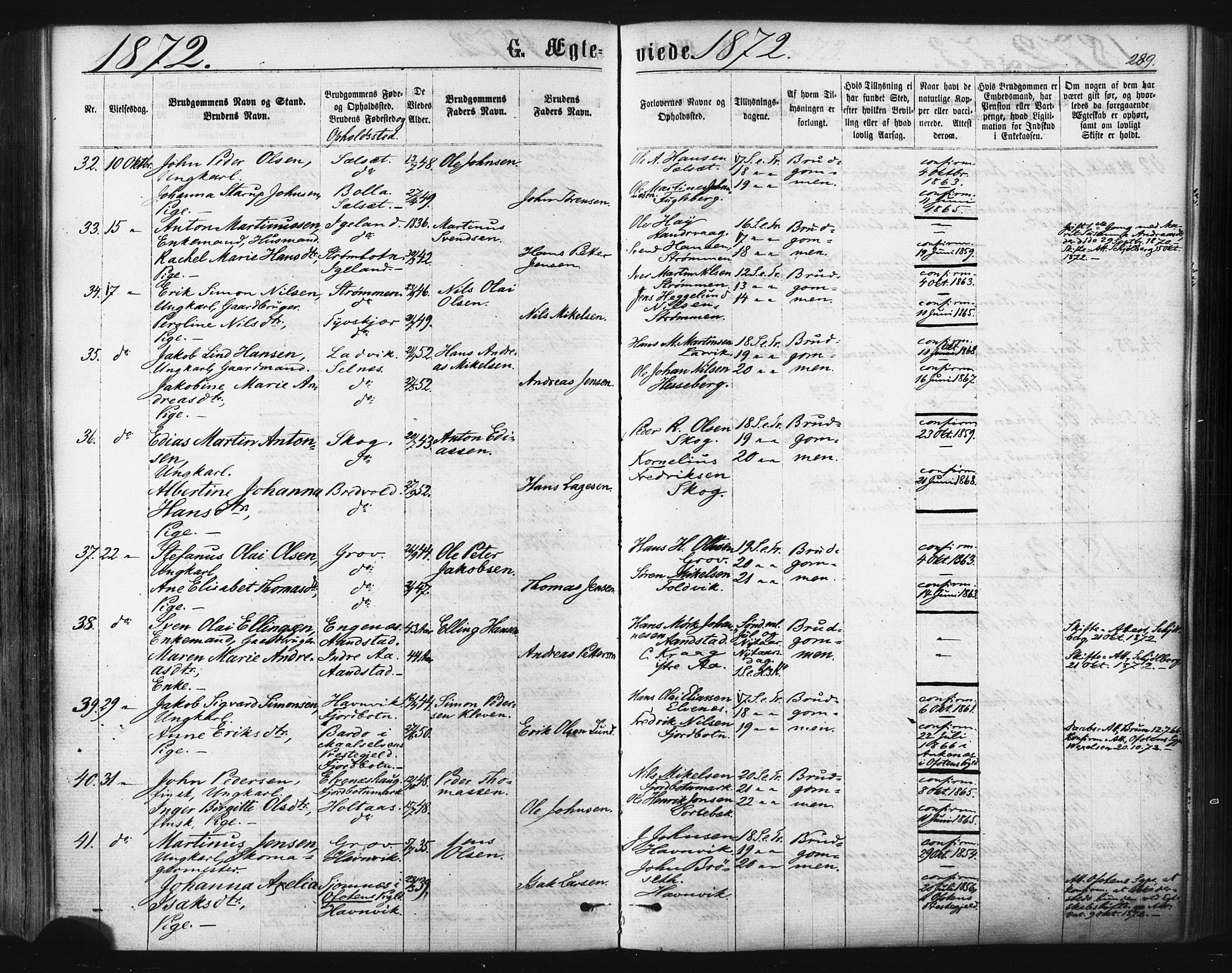 Ibestad sokneprestembete, SATØ/S-0077/H/Ha/Haa/L0010kirke: Parish register (official) no. 10, 1869-1879, p. 289