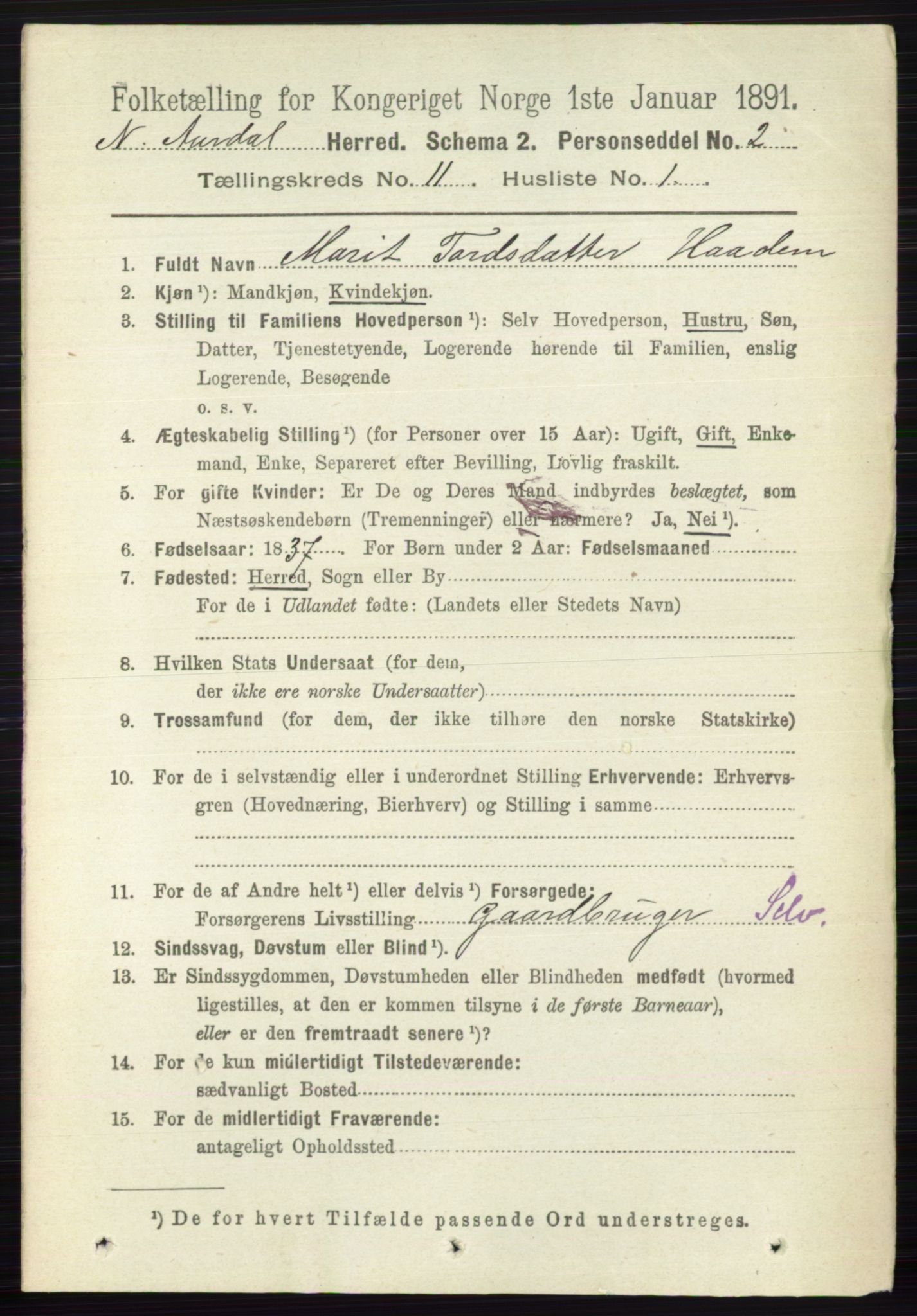 RA, 1891 census for 0542 Nord-Aurdal, 1891, p. 4116