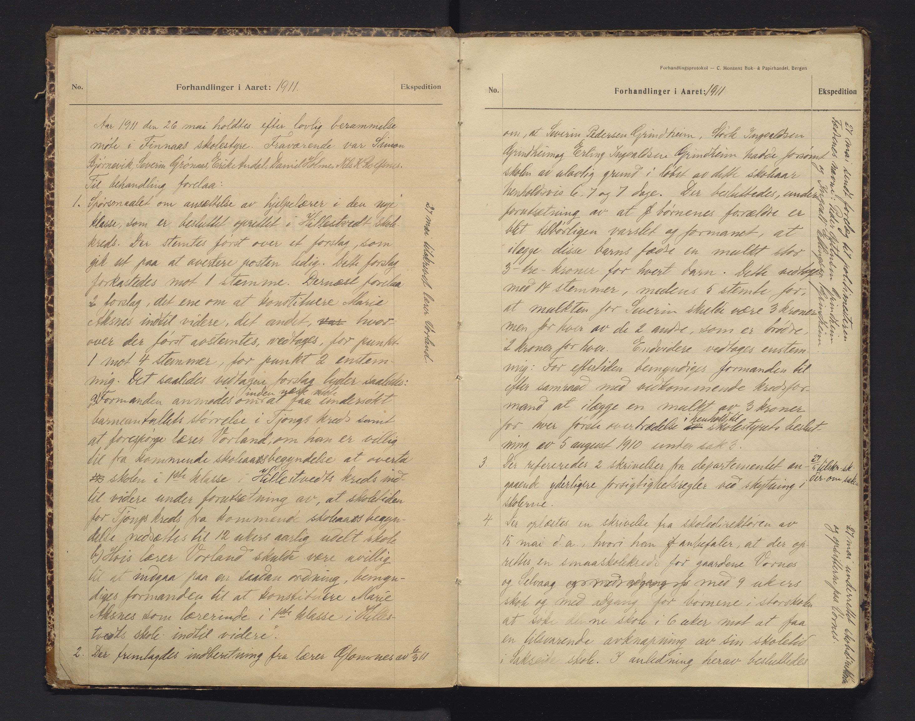 Finnaas kommune. Skulestyret, IKAH/1218a-211/A/Aa/L0002: Møtebok for Finnås skulestyre, 1911-1915, p. 1