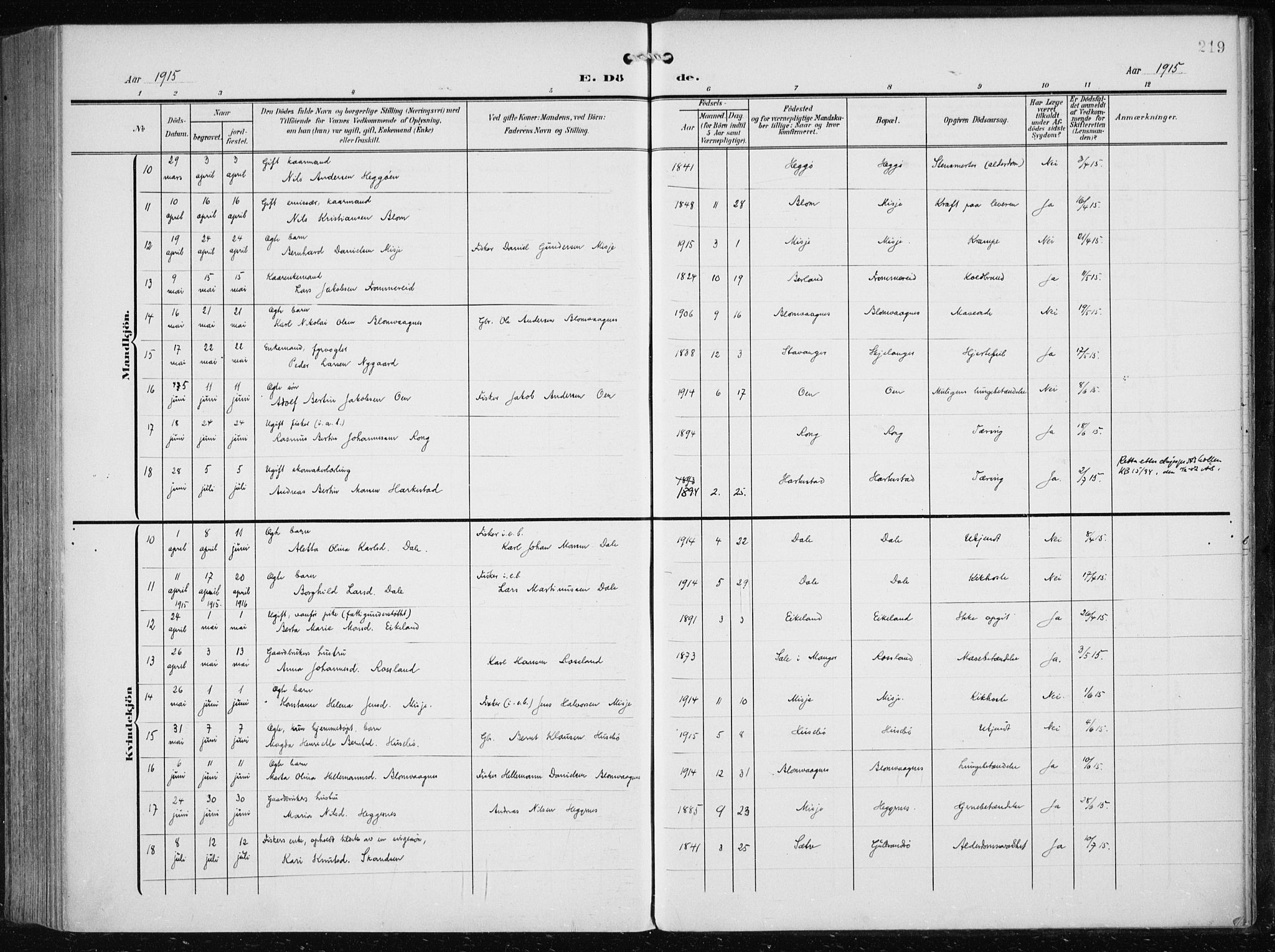 Herdla Sokneprestembete, AV/SAB-A-75701/H/Haa: Parish register (official) no. A 5, 1905-1918, p. 219