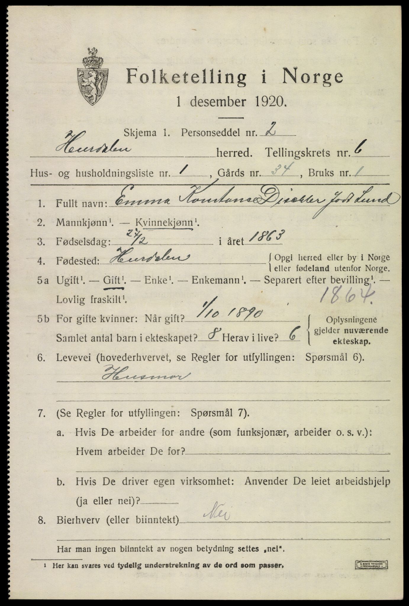 SAO, 1920 census for Hurdal, 1920, p. 3620