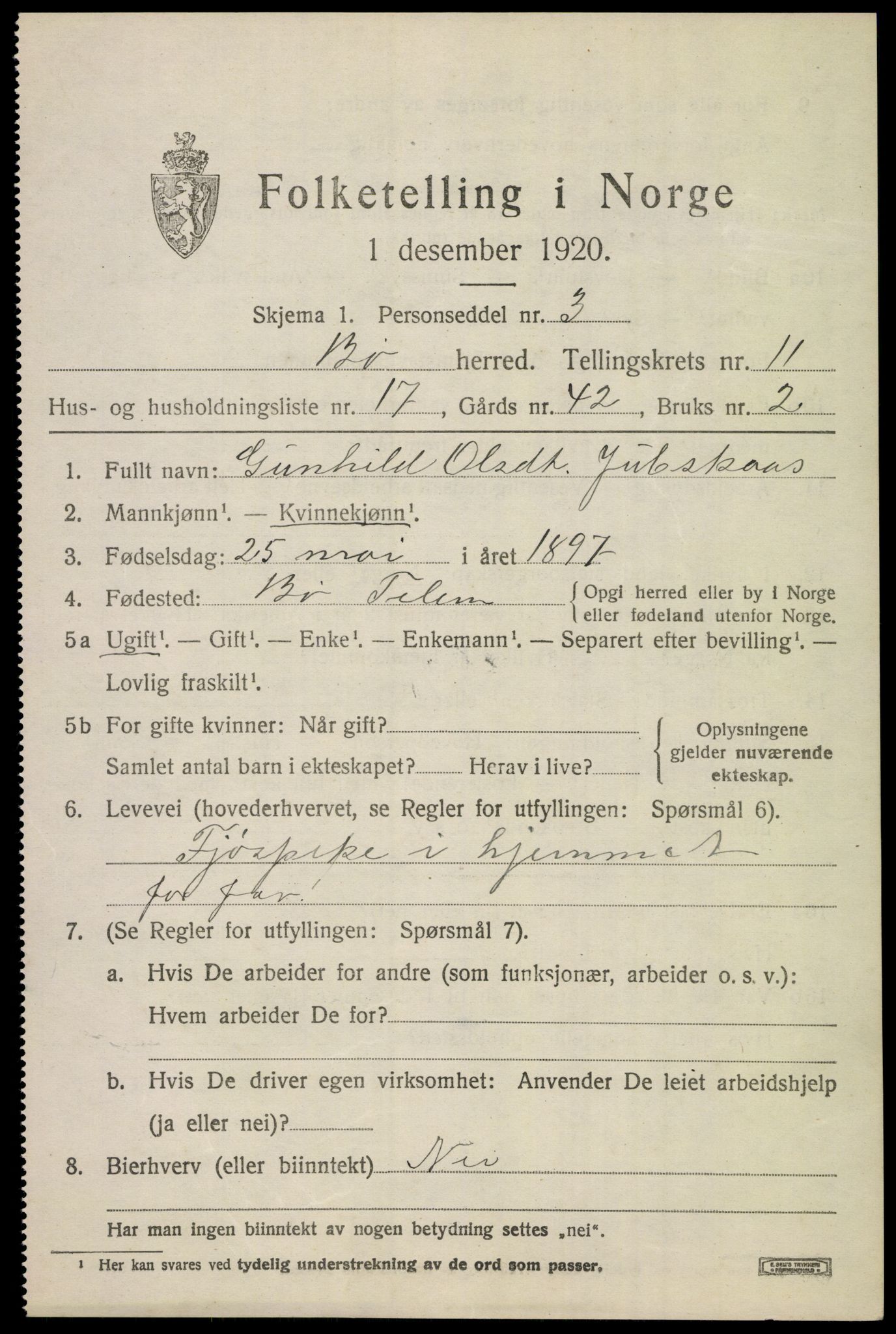 SAKO, 1920 census for Bø (Telemark), 1920, p. 6870