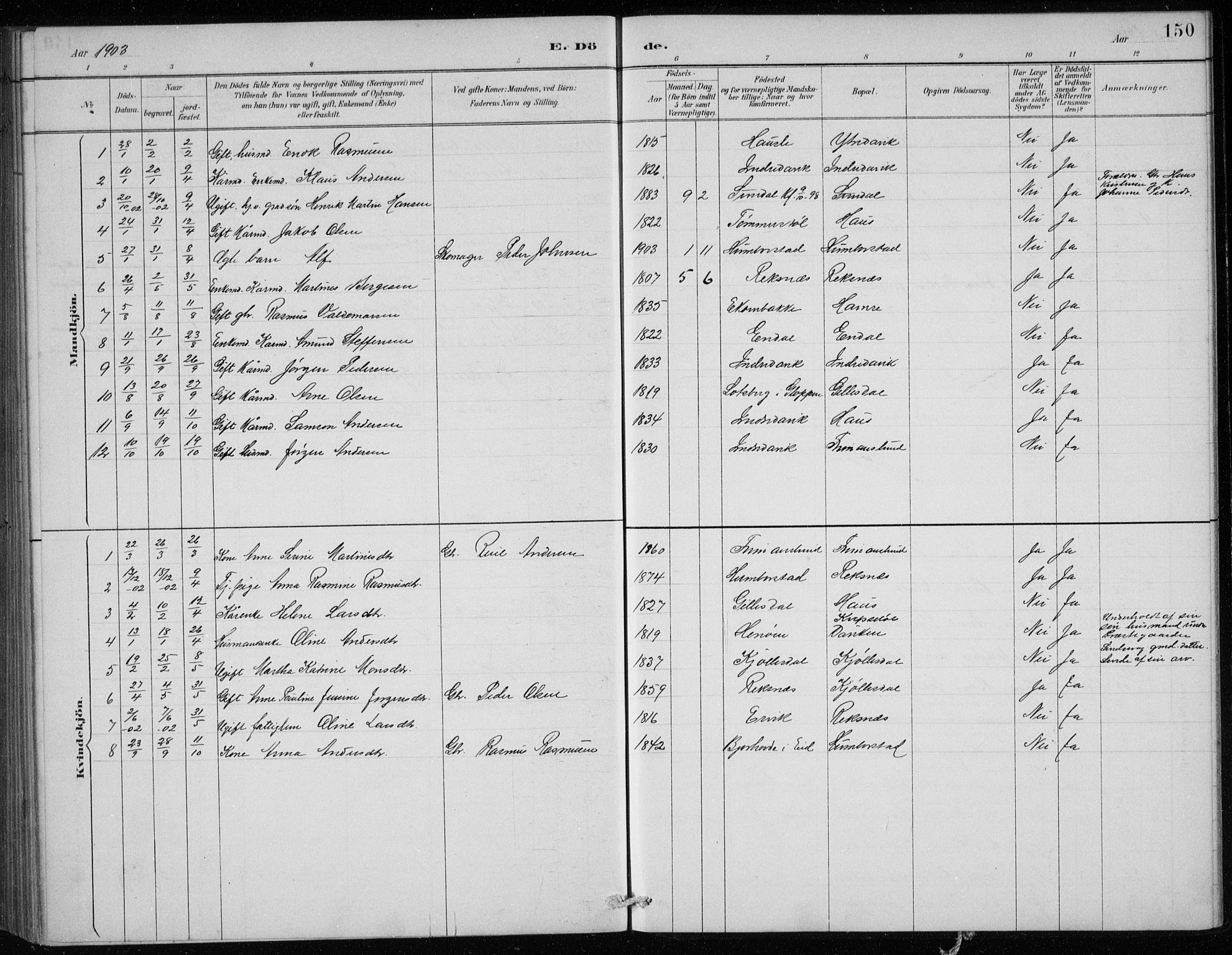 Davik sokneprestembete, AV/SAB-A-79701/H/Hab/Haba/L0002: Parish register (copy) no. A 2, 1890-1911, p. 150