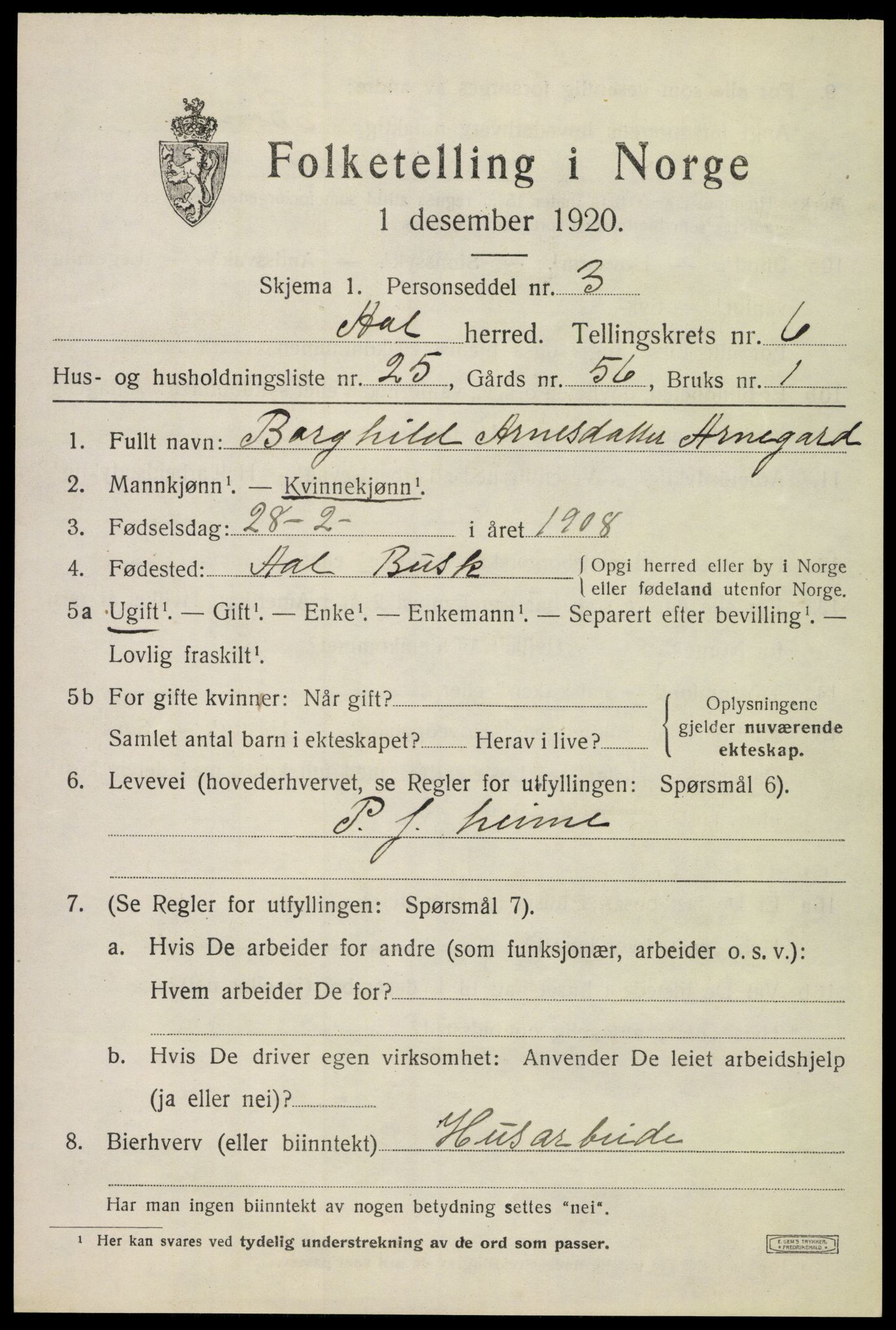 SAKO, 1920 census for Ål, 1920, p. 4614