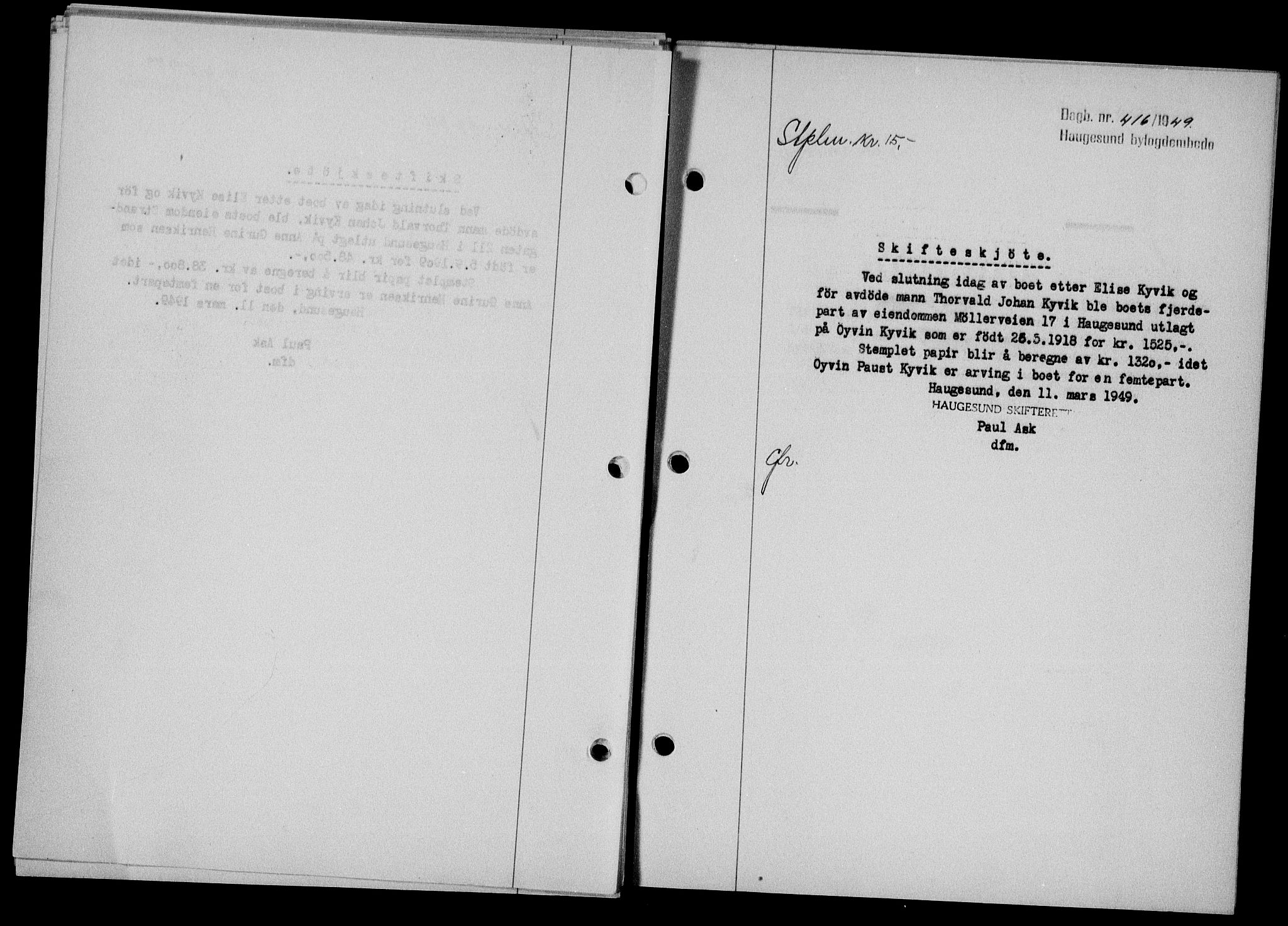 Haugesund tingrett, SAST/A-101415/01/II/IIC/L0063: Mortgage book no. A 4, 1946-1948, Diary no: : 416/1949
