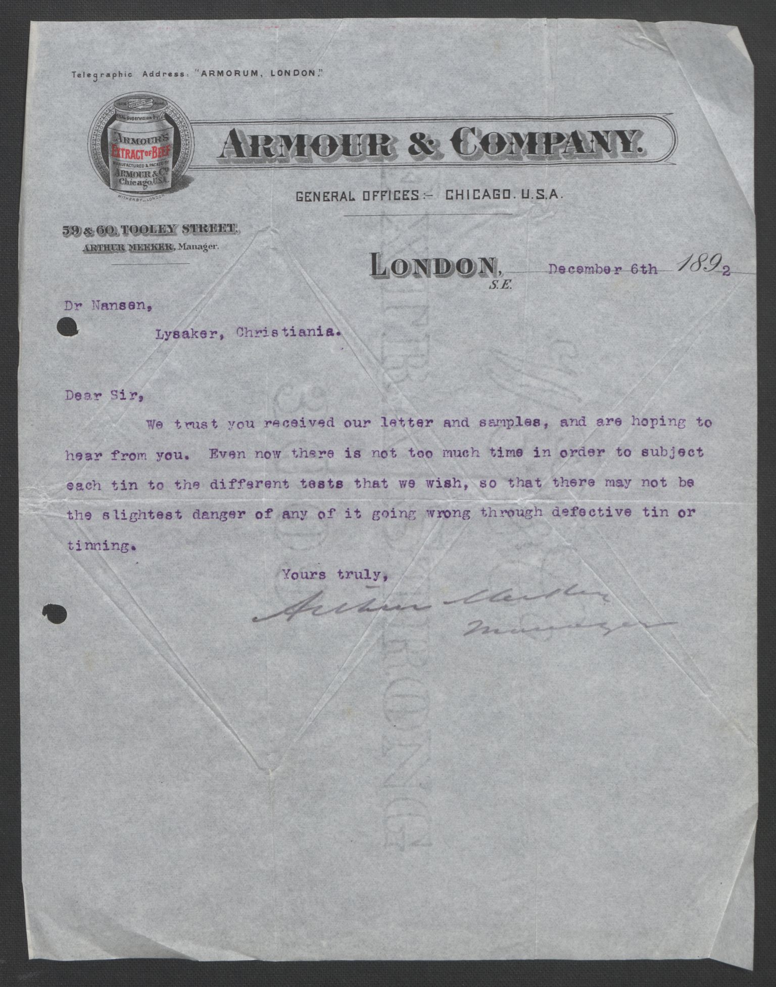 Arbeidskomitéen for Fridtjof Nansens polarekspedisjon, AV/RA-PA-0061/D/L0004: Innk. brev og telegrammer vedr. proviant og utrustning, 1892-1893, p. 20