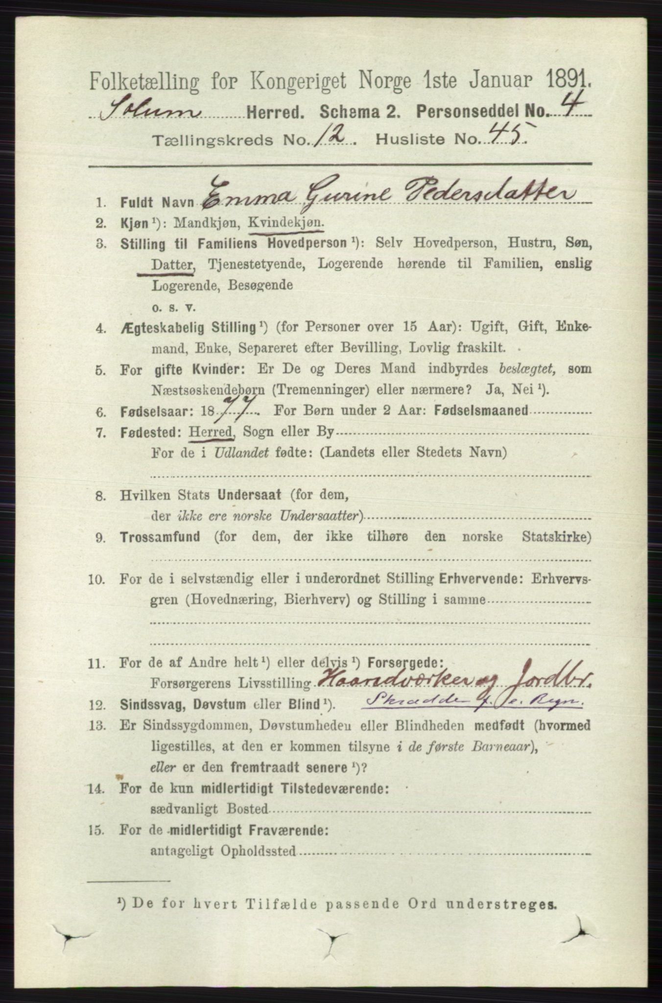 RA, 1891 census for 0818 Solum, 1891, p. 5876