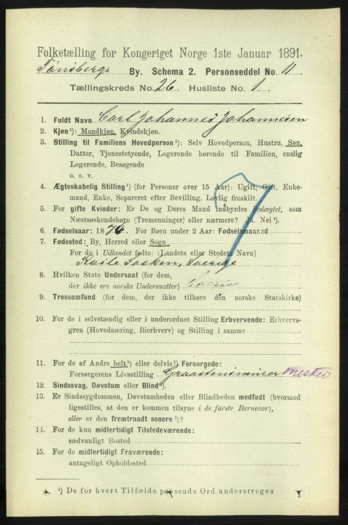 RA, 1891 census for 0705 Tønsberg, 1891, p. 6656