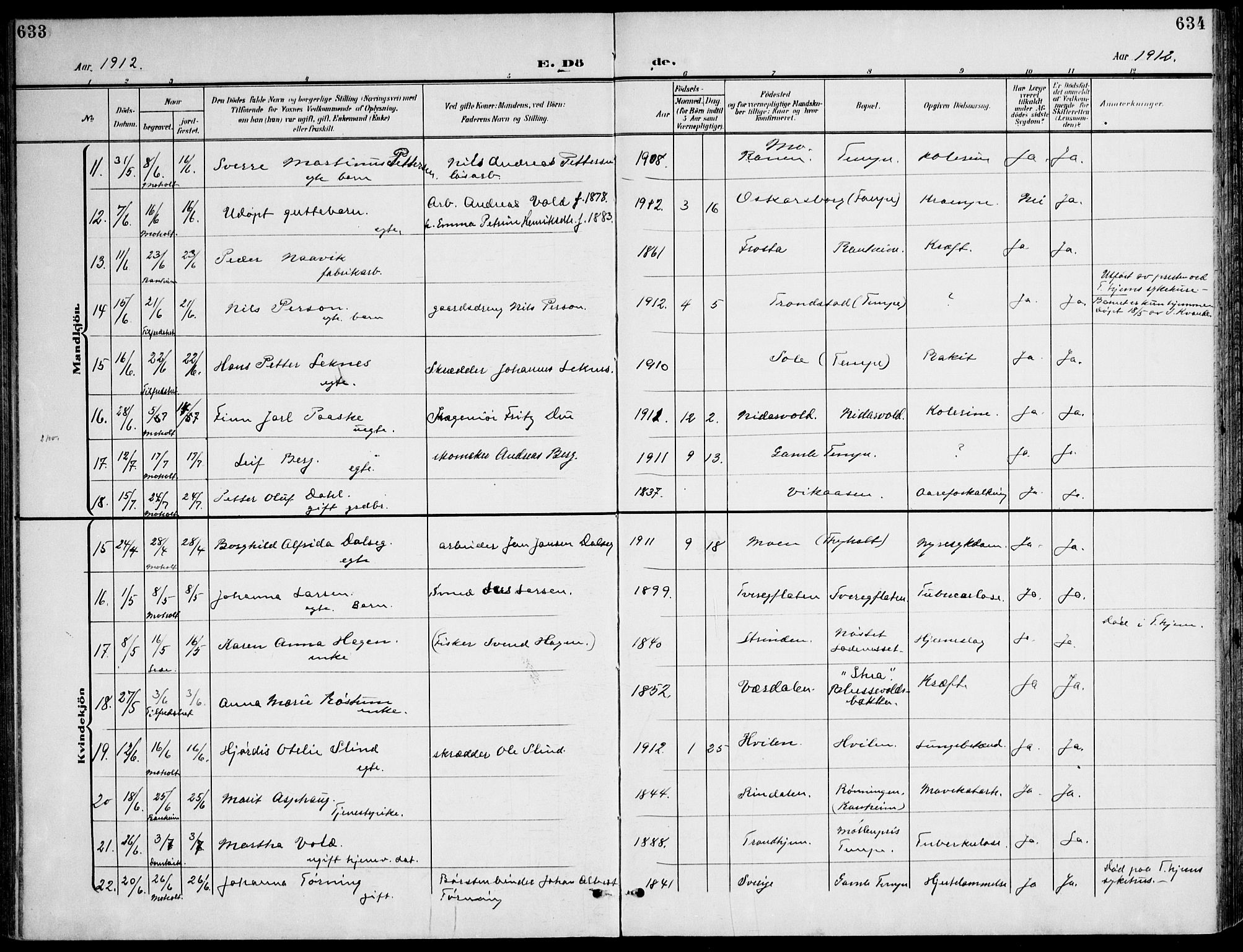 Ministerialprotokoller, klokkerbøker og fødselsregistre - Sør-Trøndelag, AV/SAT-A-1456/607/L0320: Parish register (official) no. 607A04, 1907-1915, p. 633-634