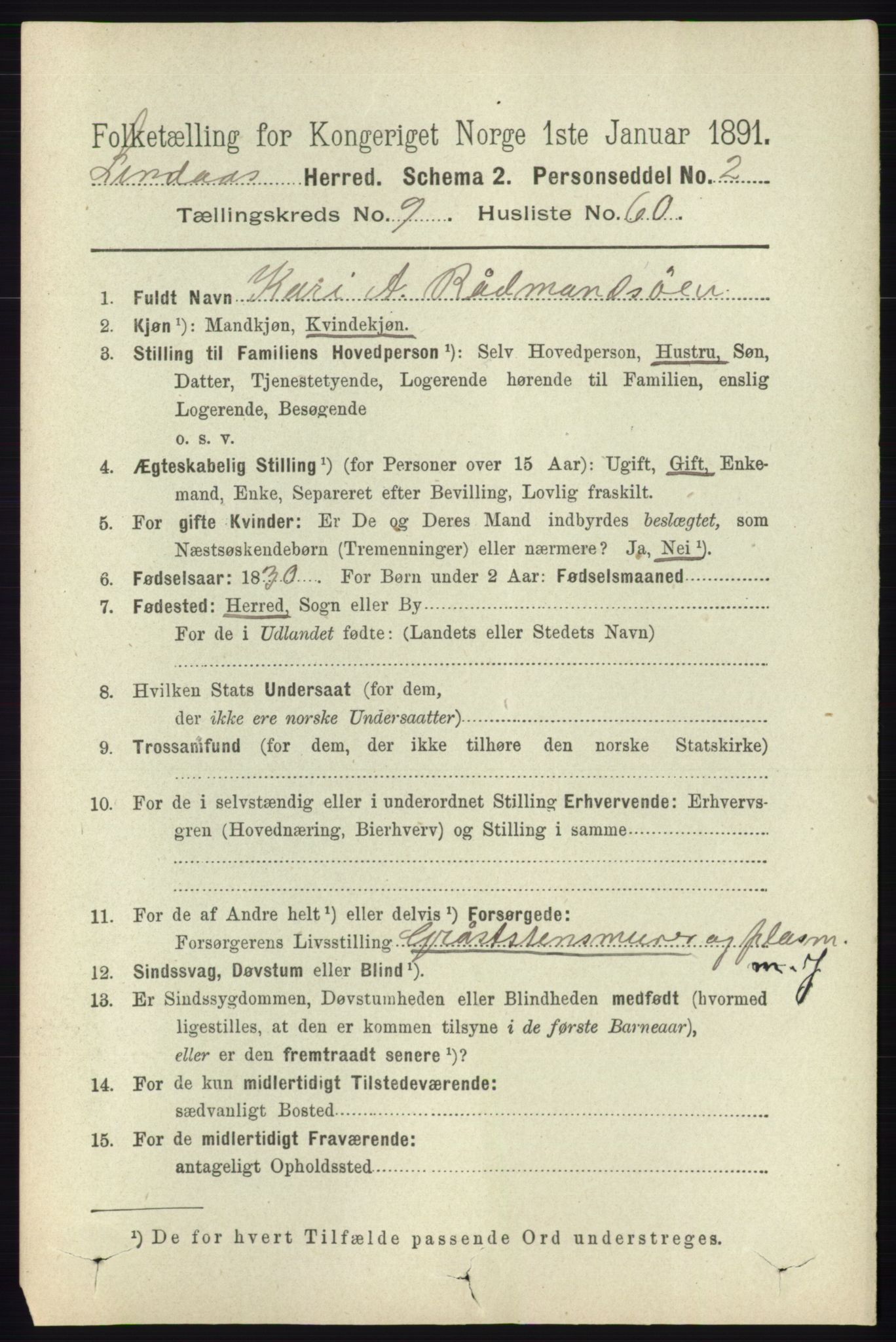 RA, 1891 census for 1263 Lindås, 1891, p. 3366