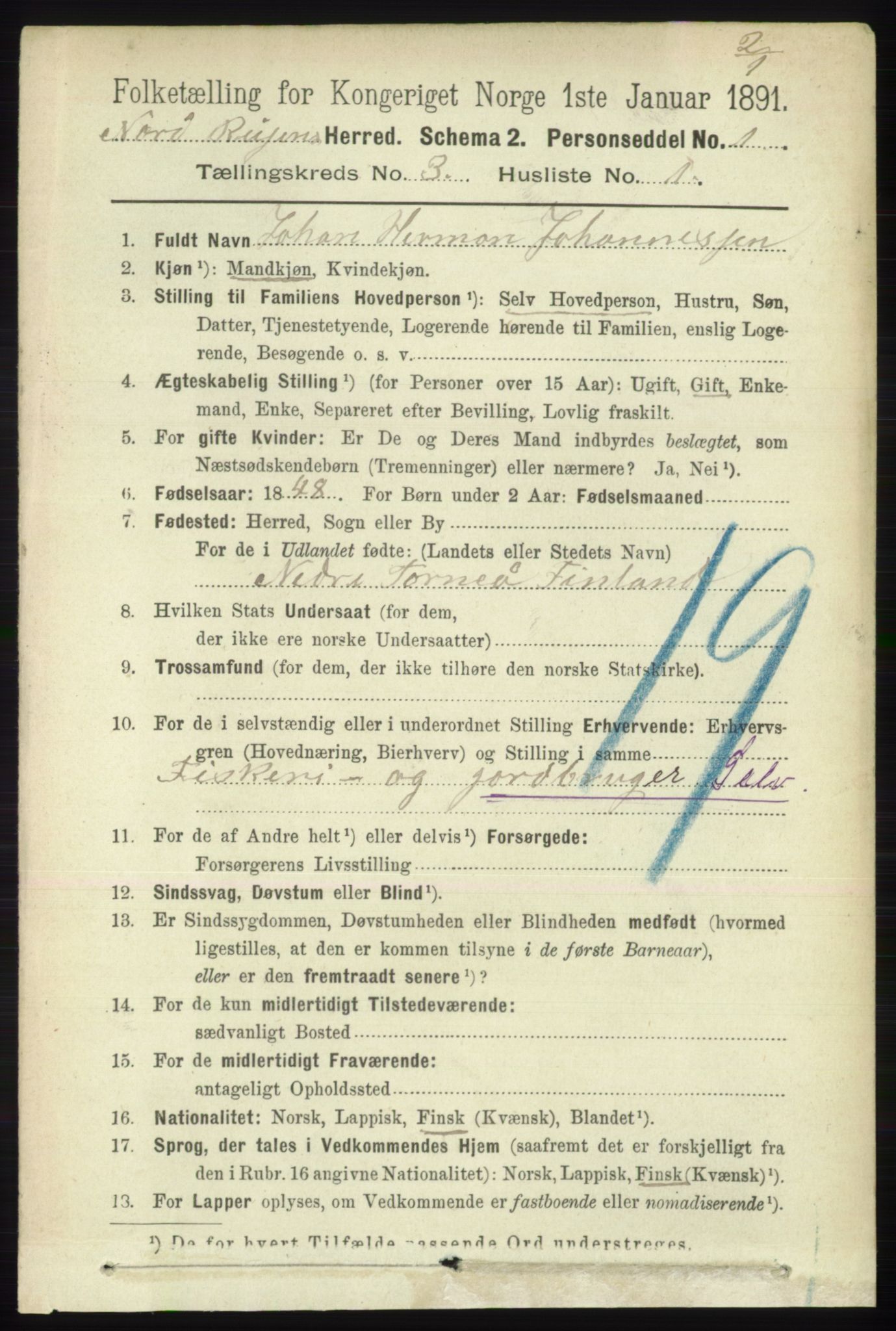 RA, 1891 census for 1942 Nordreisa, 1891, p. 1325
