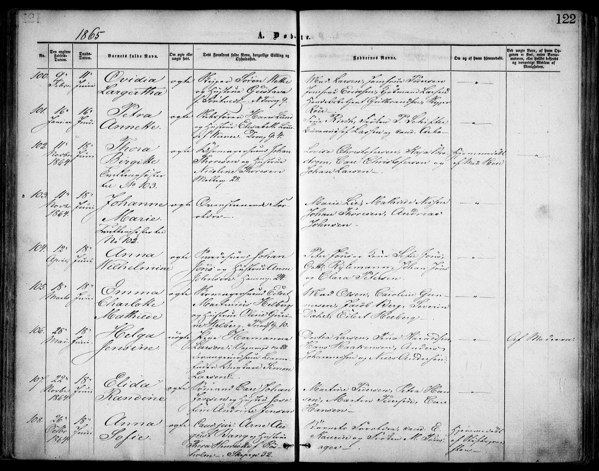 Oslo domkirke Kirkebøker, SAO/A-10752/F/Fa/L0016: Parish register (official) no. 16, 1863-1871, p. 122