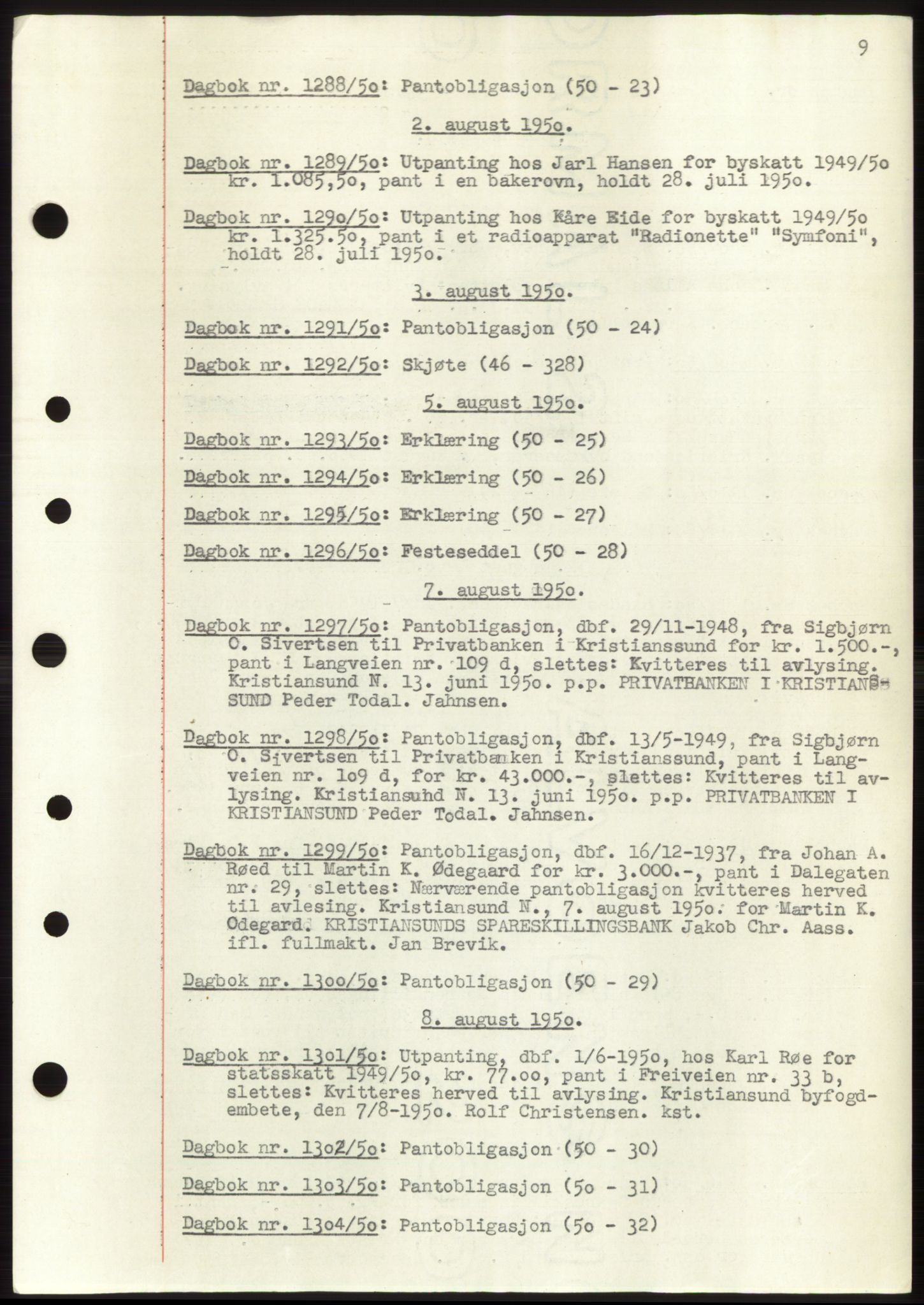 Kristiansund byfogd, AV/SAT-A-4587/A/27: Mortgage book no. 49, 1950-1950, Deed date: 02.08.1950