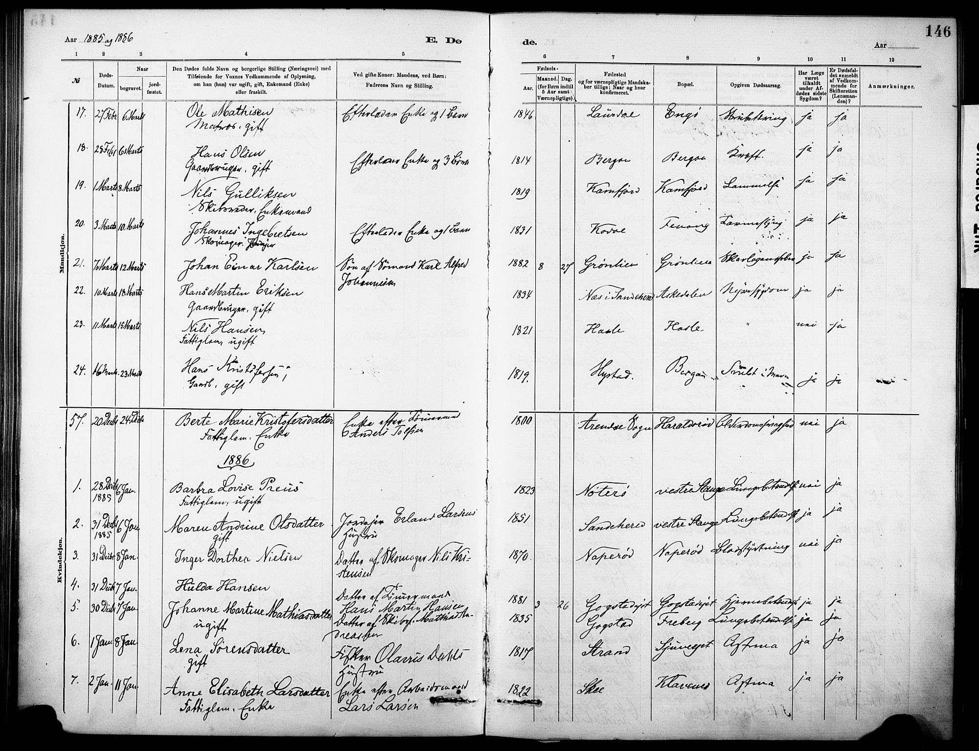 Sandar kirkebøker, AV/SAKO-A-243/F/Fa/L0013: Parish register (official) no. 13, 1883-1895, p. 146