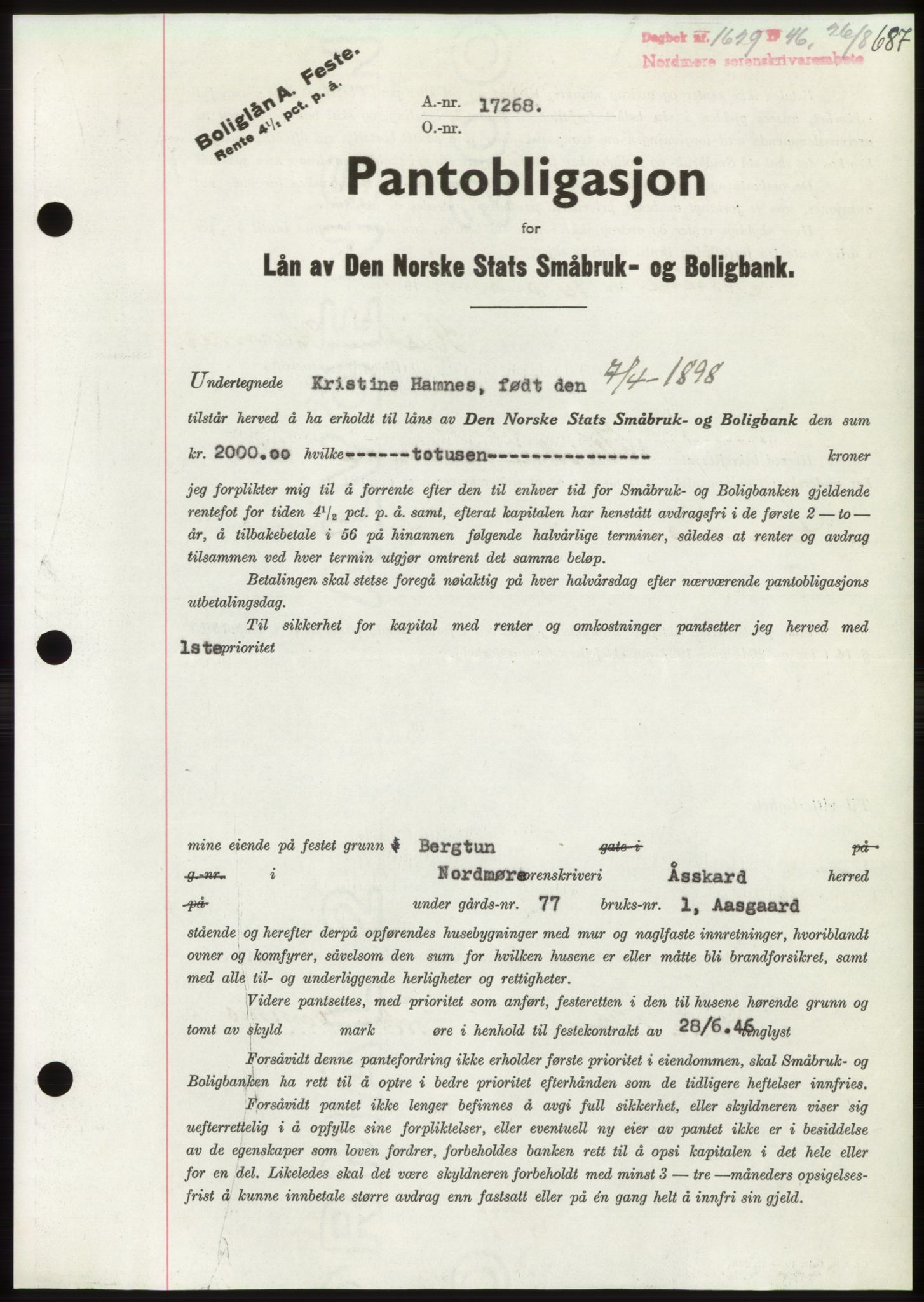 Nordmøre sorenskriveri, AV/SAT-A-4132/1/2/2Ca: Mortgage book no. B94, 1946-1946, Diary no: : 1629/1946