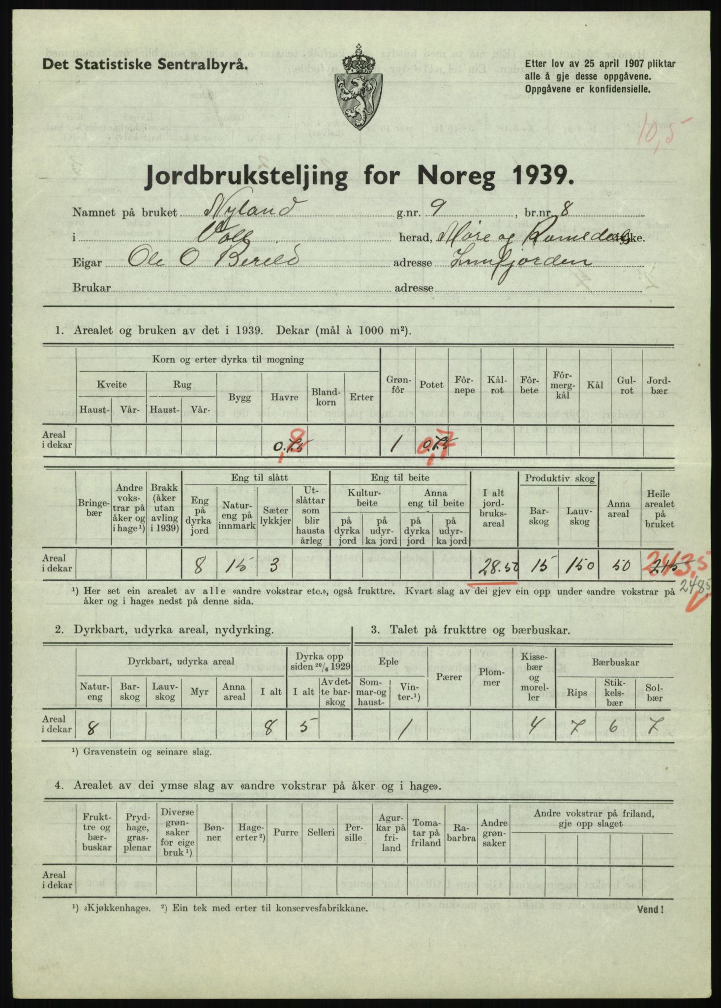 Statistisk sentralbyrå, Næringsøkonomiske emner, Jordbruk, skogbruk, jakt, fiske og fangst, AV/RA-S-2234/G/Gb/L0251: Møre og Romsdal: Voll, Eid, Grytten og Hen, 1939, p. 151