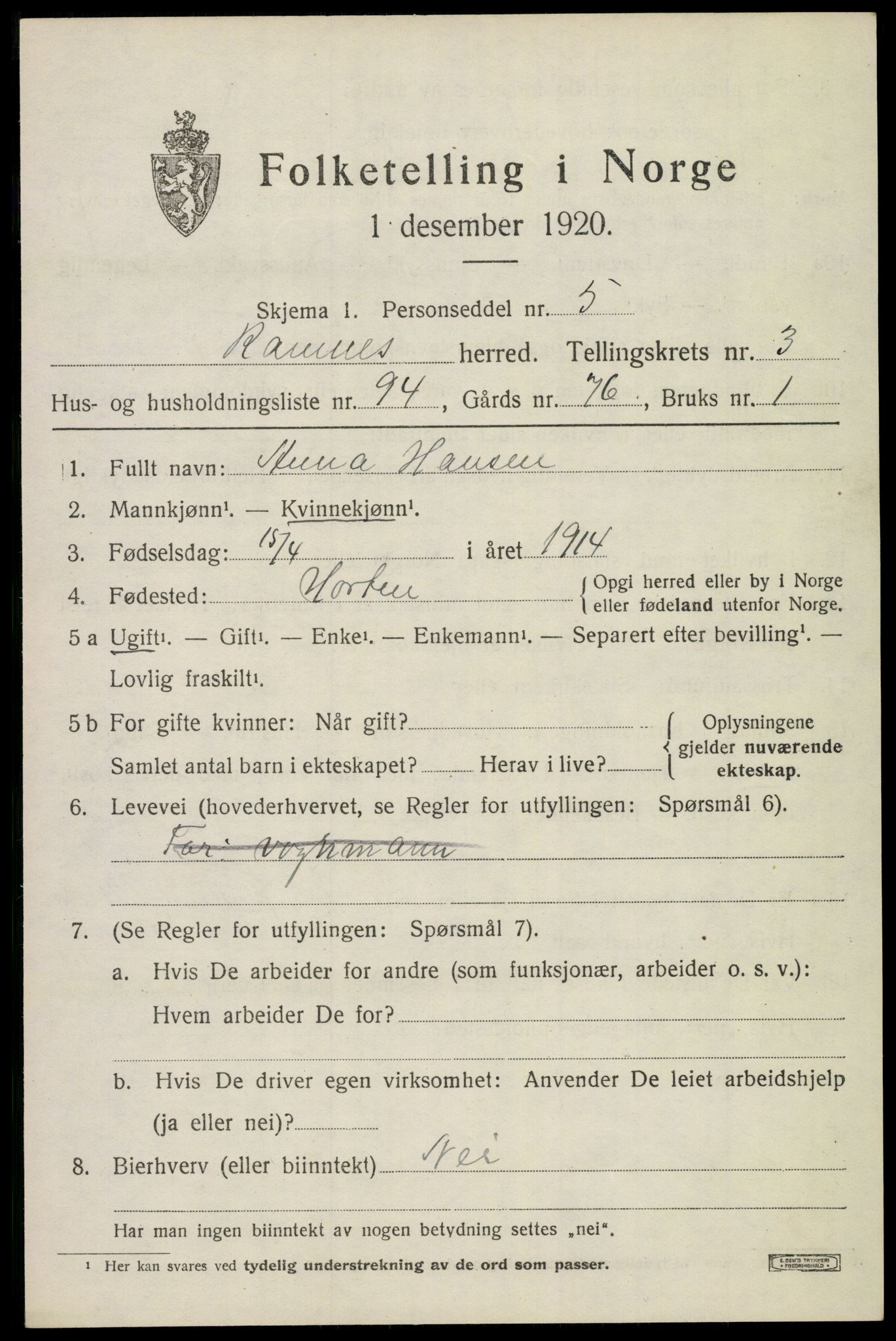 SAKO, 1920 census for Ramnes, 1920, p. 4320