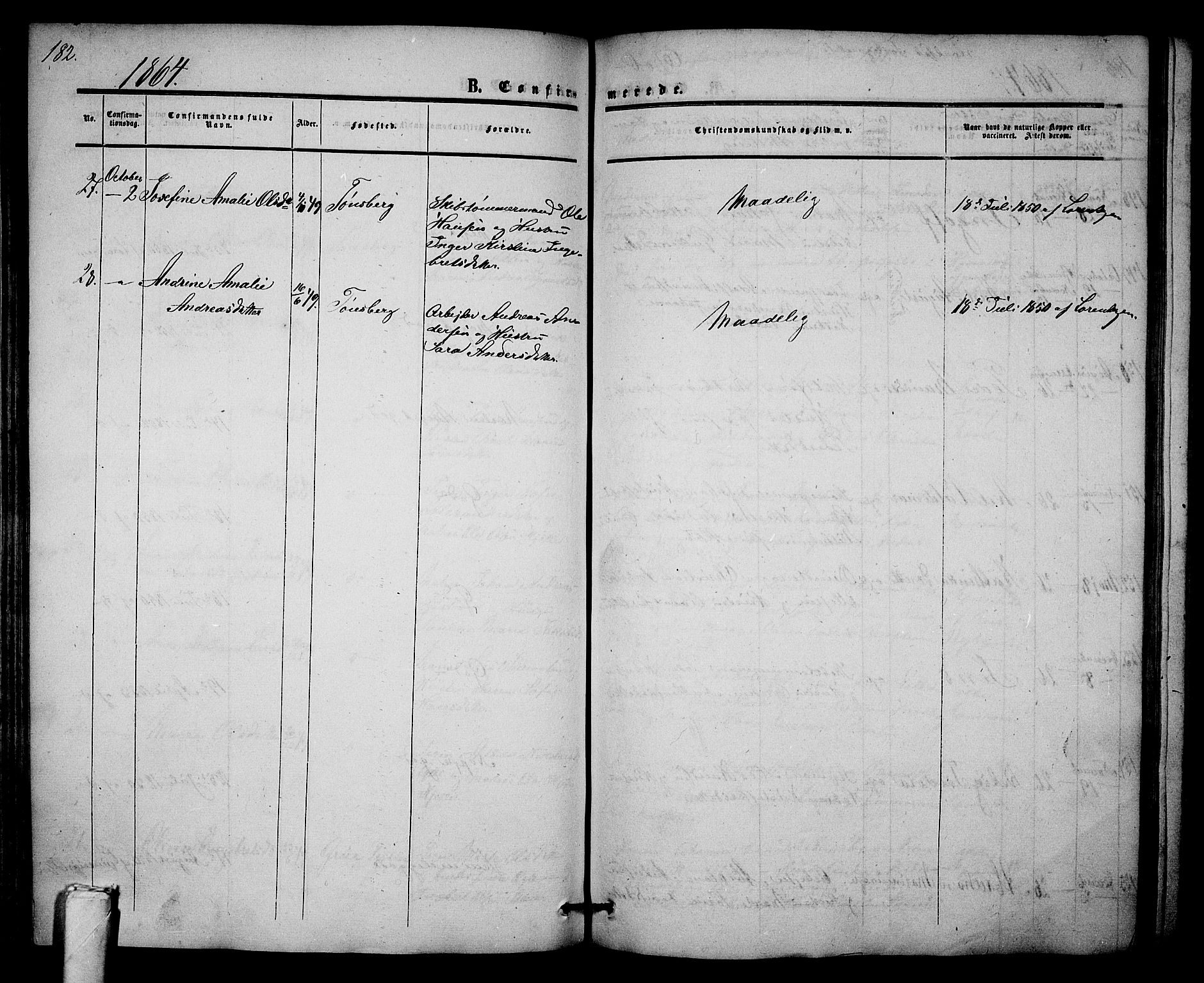 Tønsberg kirkebøker, AV/SAKO-A-330/G/Ga/L0003: Parish register (copy) no. 3, 1855-1864, p. 182