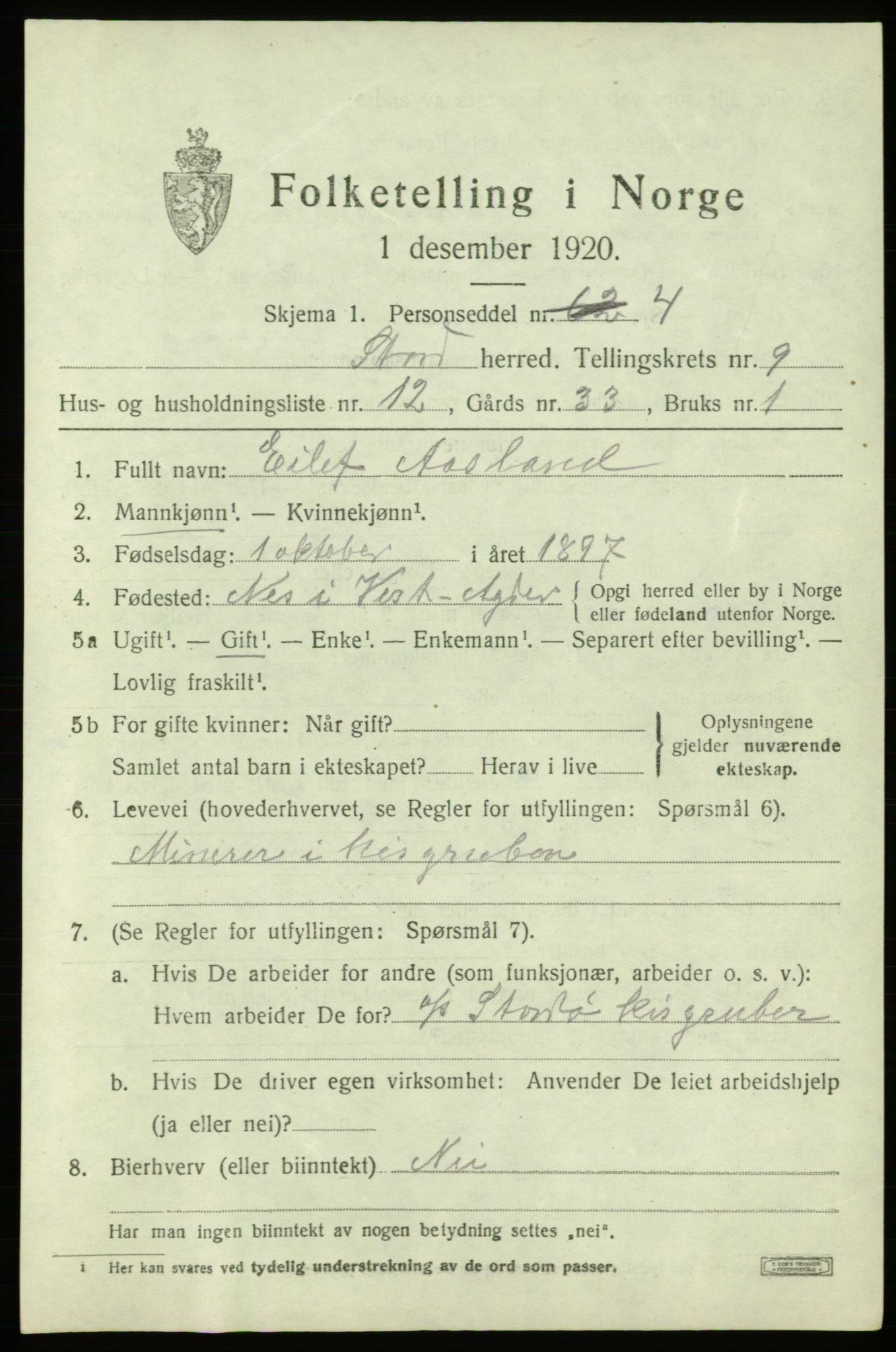 SAB, 1920 census for Stord, 1920, p. 4833