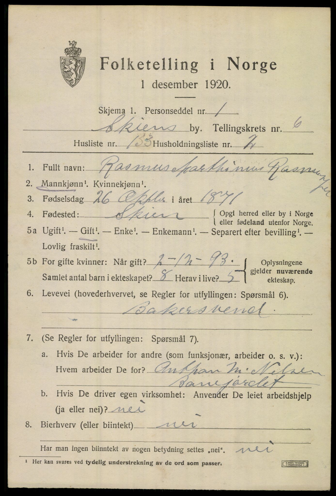 SAKO, 1920 census for Skien, 1920, p. 24788