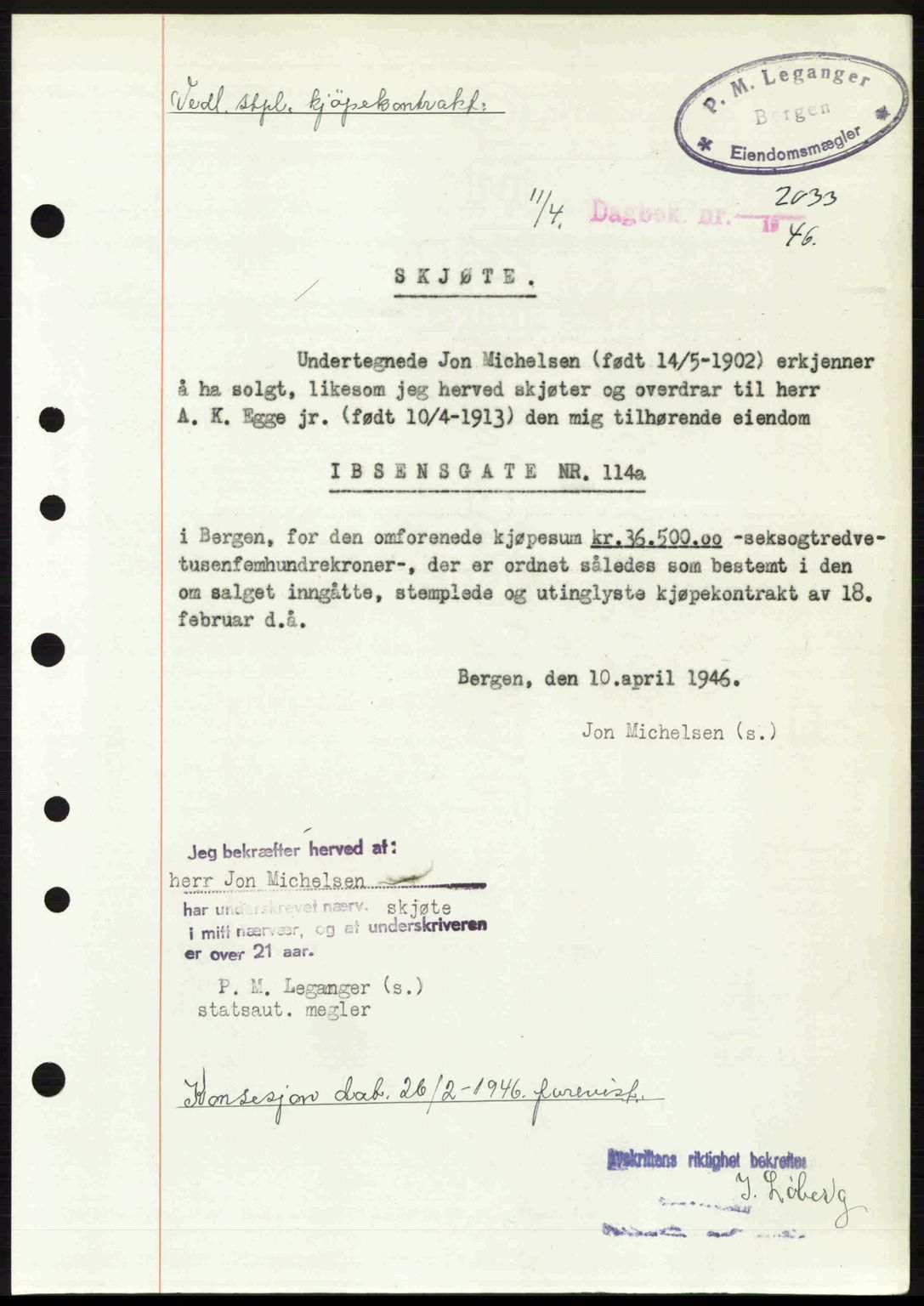 Byfogd og Byskriver i Bergen, SAB/A-3401/03/03Bc/L0022: Mortgage book no. A18, 1946-1946, Diary no: : 2033/1946
