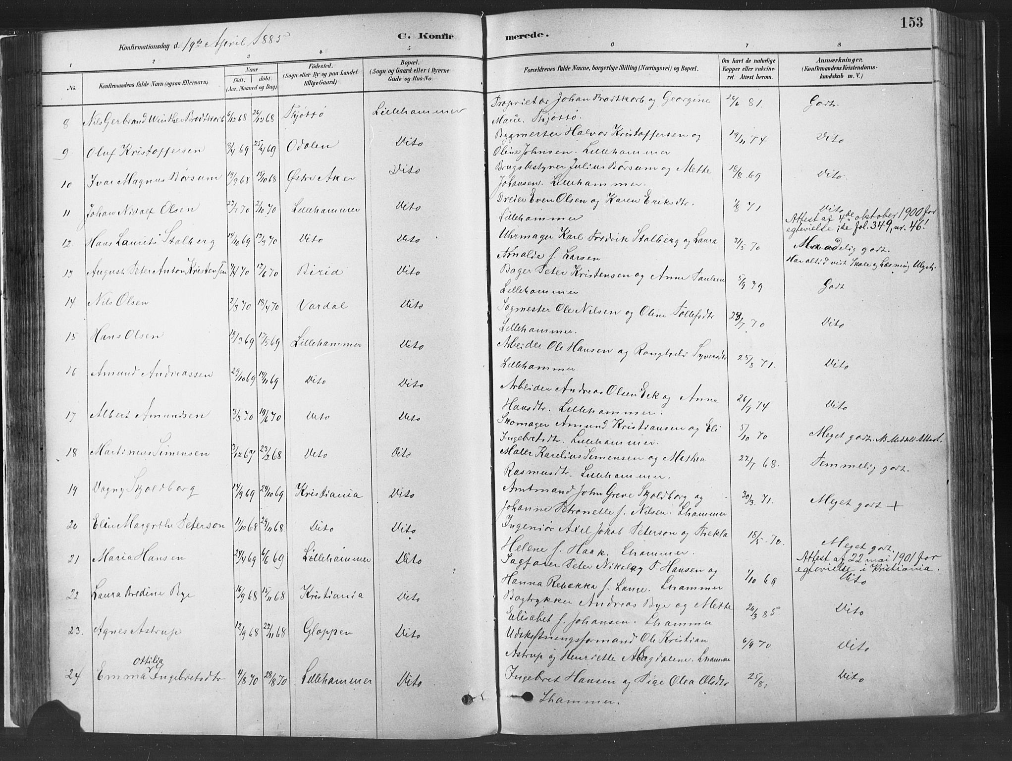 Fåberg prestekontor, SAH/PREST-086/H/Ha/Haa/L0010: Parish register (official) no. 10, 1879-1900, p. 153