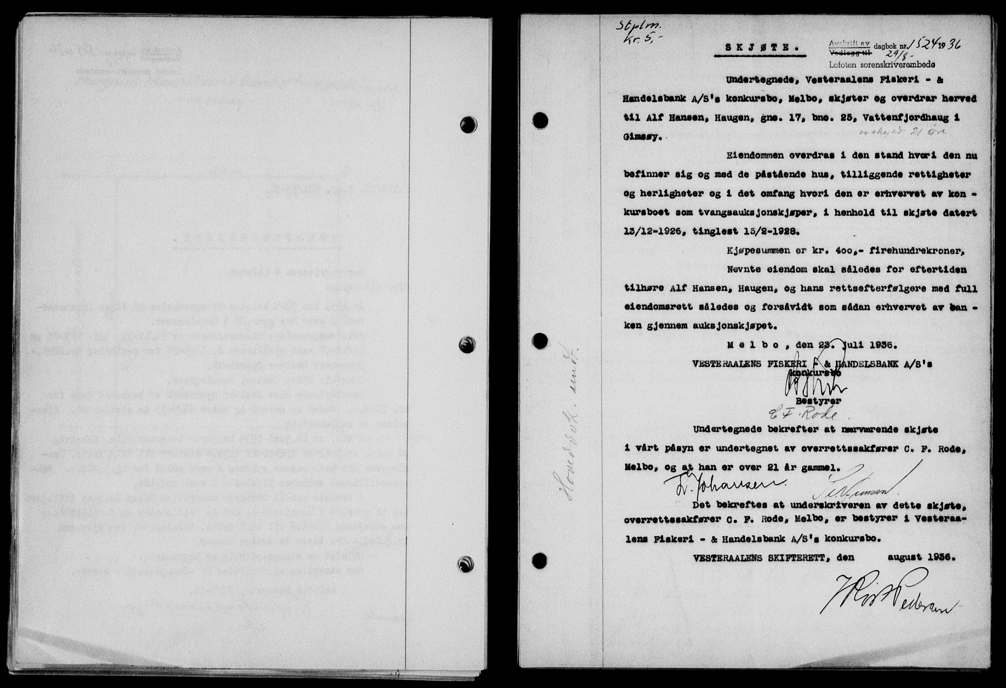 Lofoten sorenskriveri, SAT/A-0017/1/2/2C/L0001a: Mortgage book no. 1a, 1936-1937, Diary no: : 1524/1936