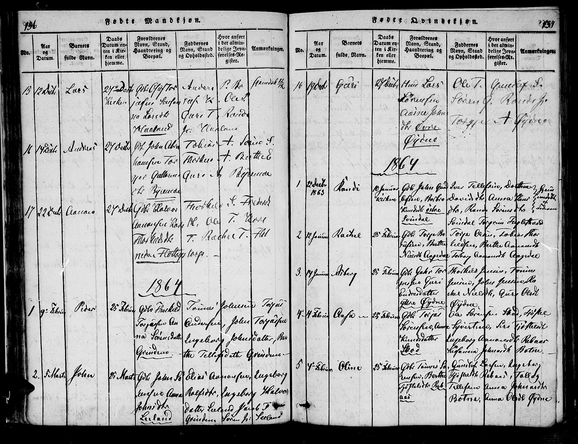 Bjelland sokneprestkontor, AV/SAK-1111-0005/F/Fa/Fac/L0001: Parish register (official) no. A 1, 1815-1866, p. 156-157