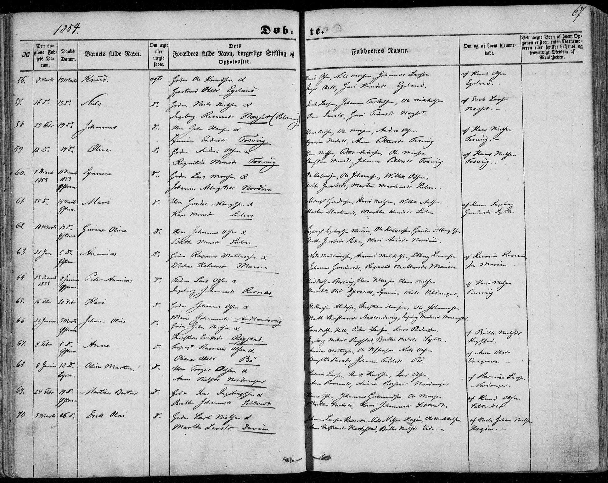 Manger sokneprestembete, AV/SAB-A-76801/H/Haa: Parish register (official) no. A 6, 1849-1859, p. 67