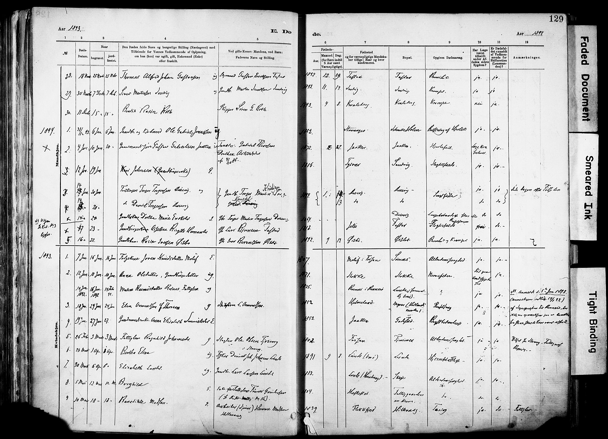 Hetland sokneprestkontor, AV/SAST-A-101826/30/30BA/L0012: Parish register (official) no. A 12, 1882-1912, p. 129