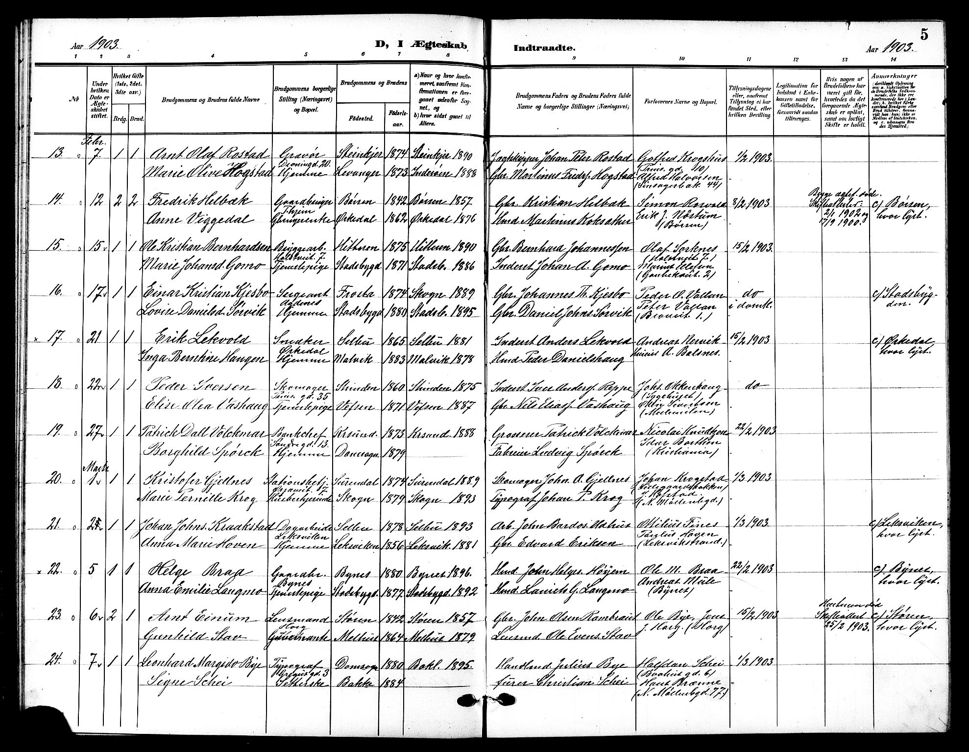 Ministerialprotokoller, klokkerbøker og fødselsregistre - Sør-Trøndelag, AV/SAT-A-1456/601/L0095: Parish register (copy) no. 601C13, 1902-1911, p. 5