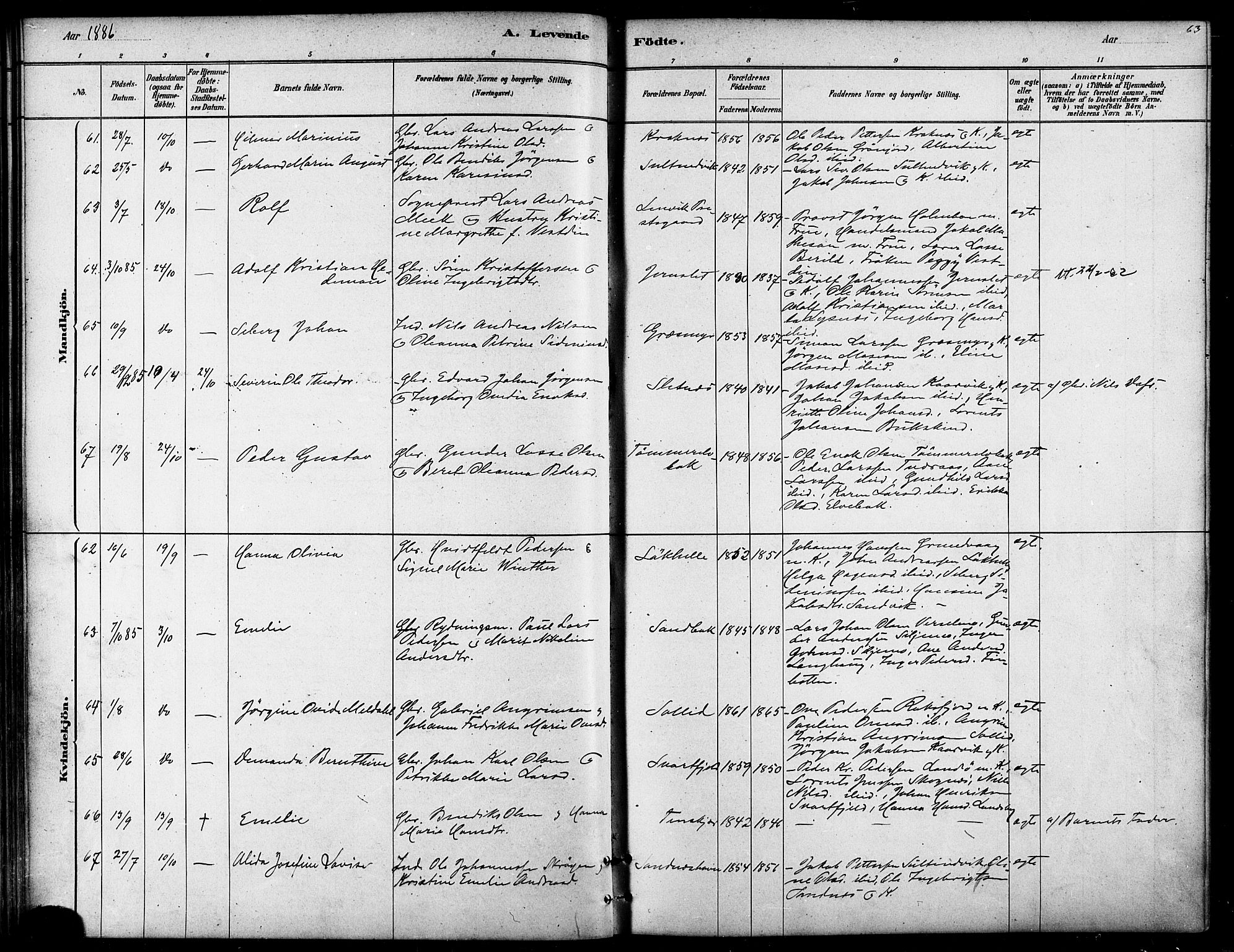 Lenvik sokneprestembete, SATØ/S-1310/H/Ha/Haa/L0011kirke: Parish register (official) no. 11, 1880-1889, p. 63