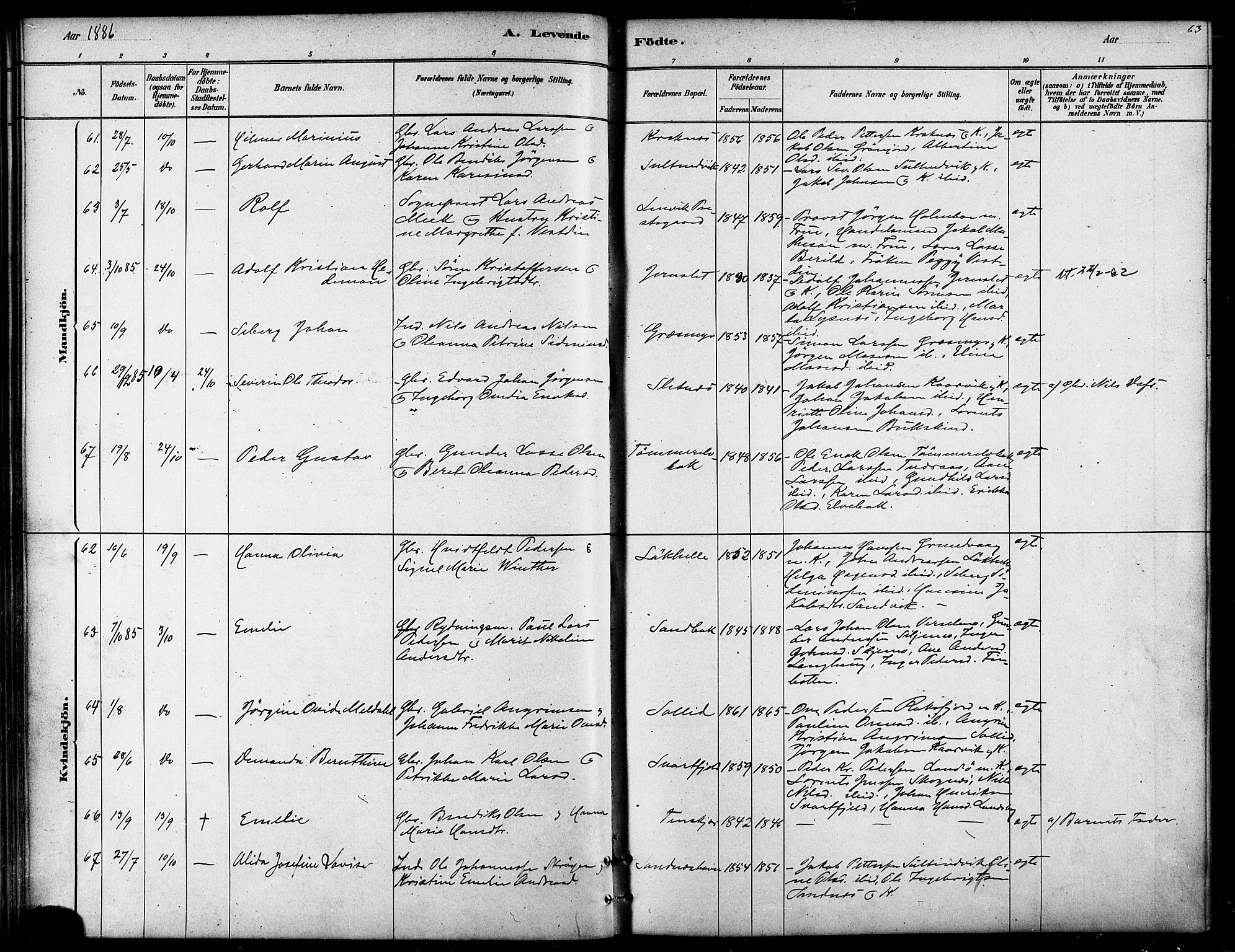 Lenvik sokneprestembete, AV/SATØ-S-1310/H/Ha/Haa/L0011kirke: Parish register (official) no. 11, 1880-1889, p. 63