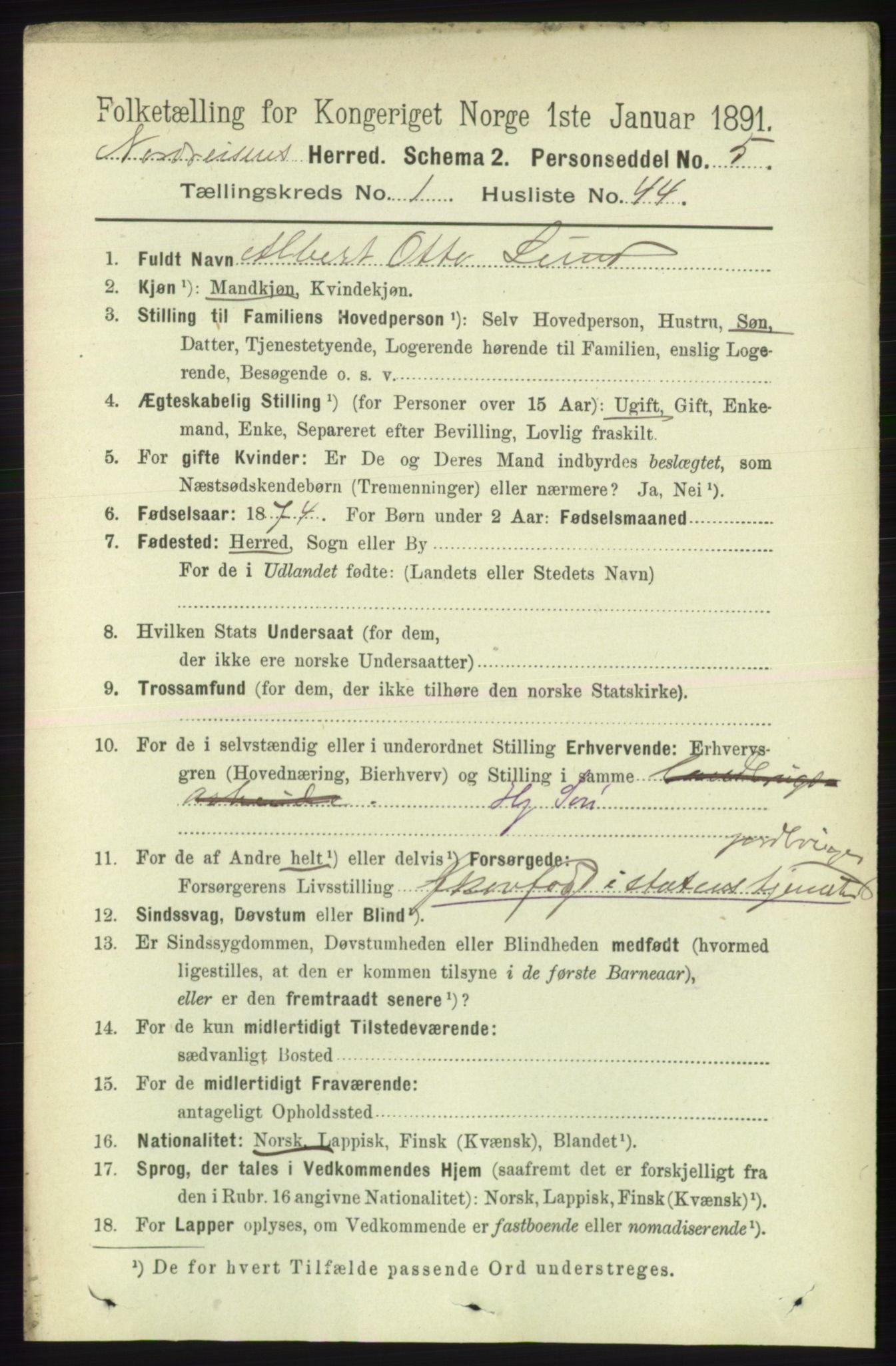RA, 1891 census for 1942 Nordreisa, 1891, p. 380