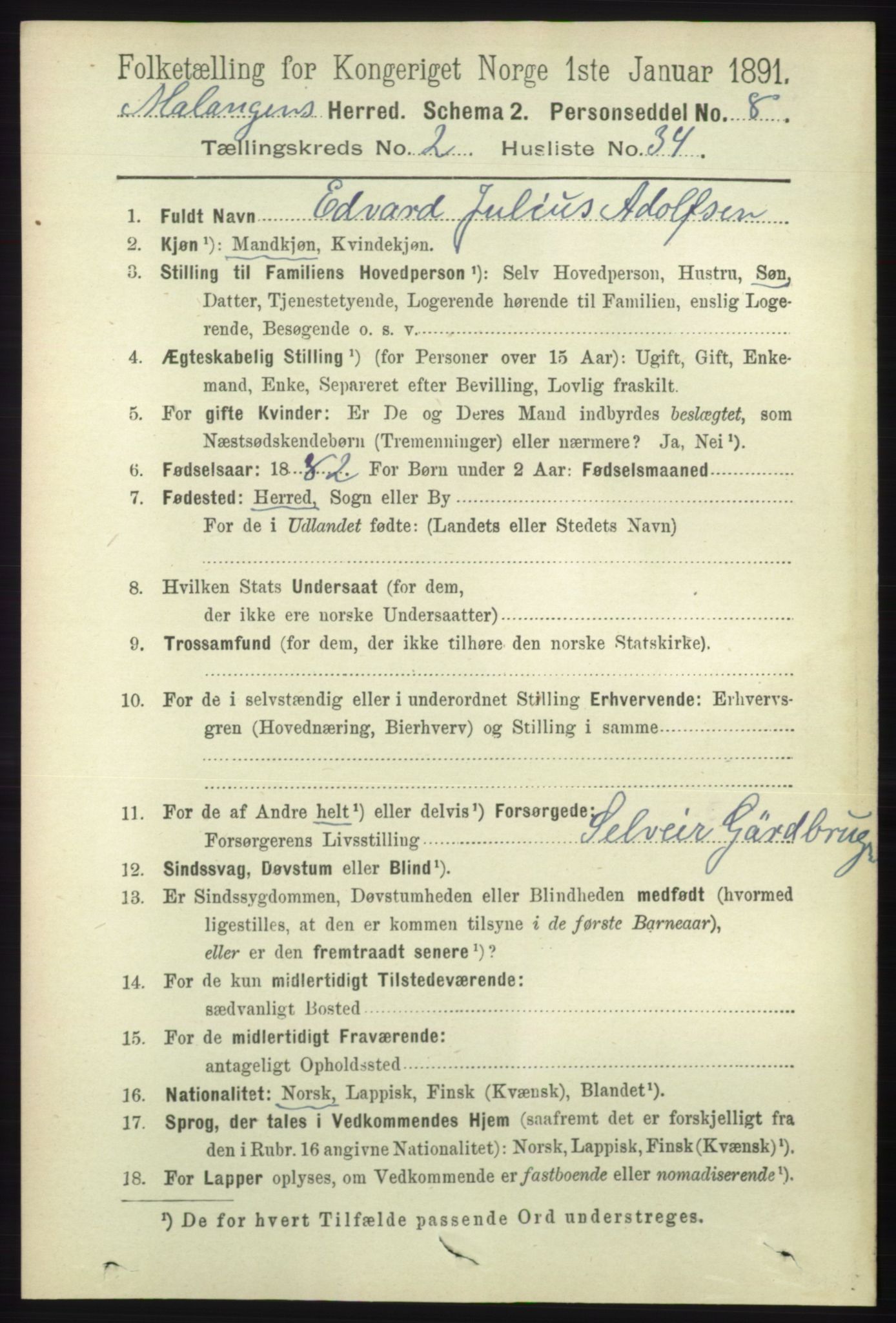 RA, 1891 census for 1932 Malangen, 1891, p. 681