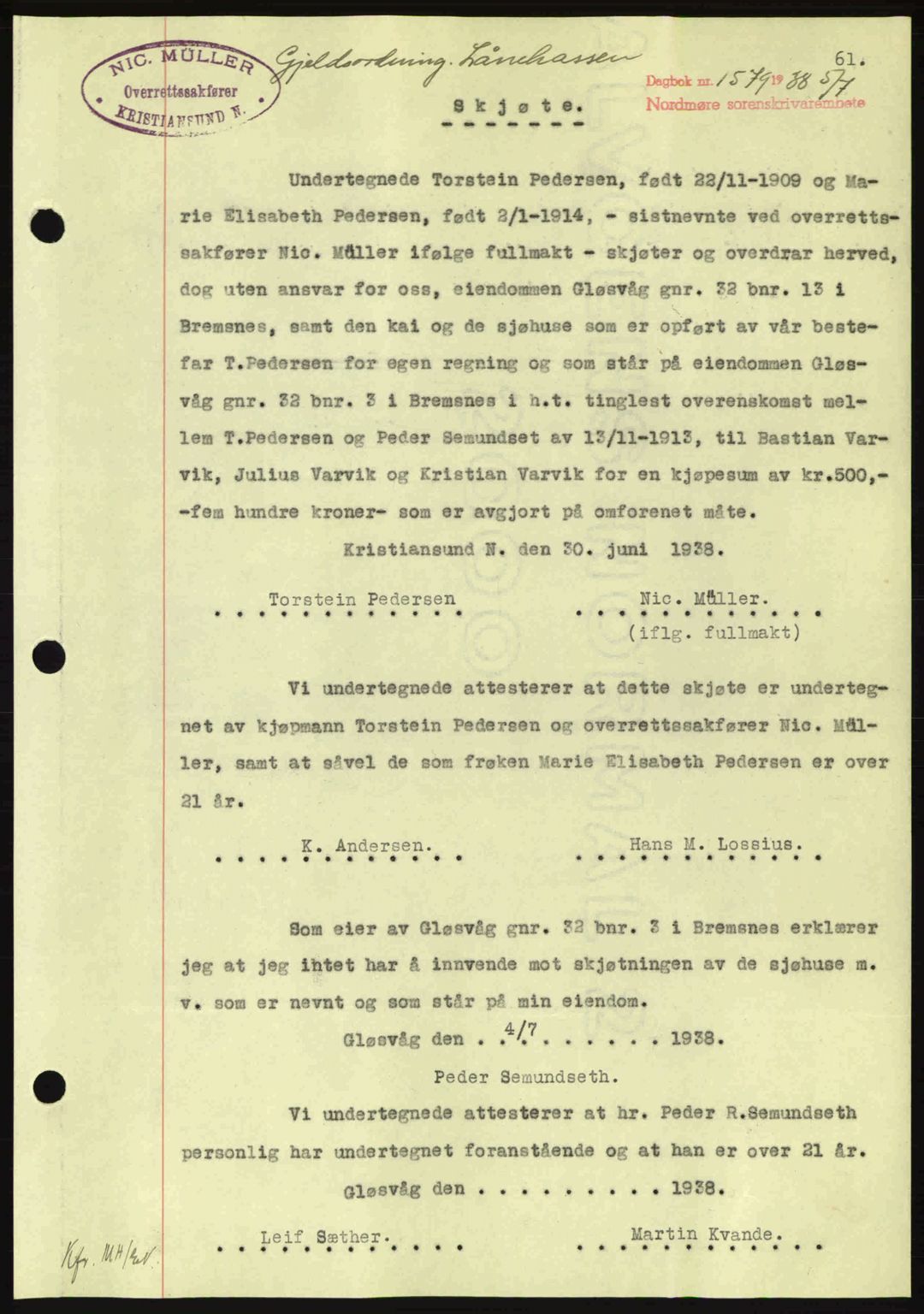Nordmøre sorenskriveri, AV/SAT-A-4132/1/2/2Ca: Mortgage book no. A84, 1938-1938, Diary no: : 1579/1938