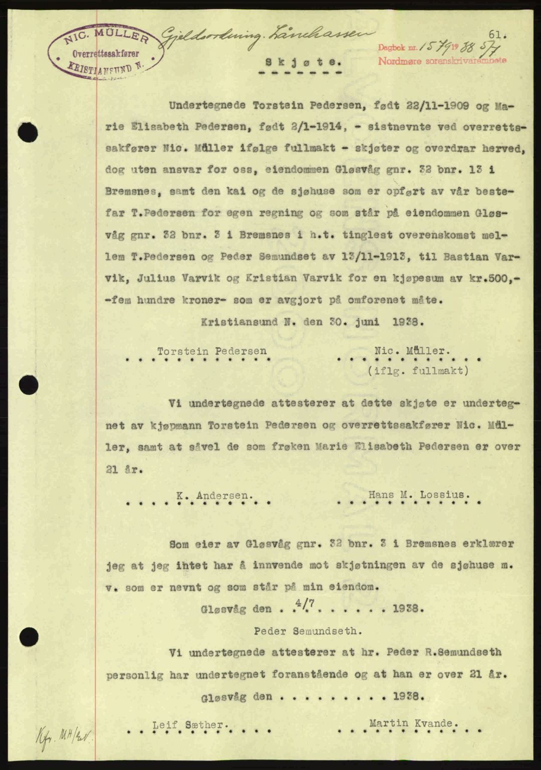 Nordmøre sorenskriveri, SAT/A-4132/1/2/2Ca: Mortgage book no. A84, 1938-1938, Diary no: : 1579/1938