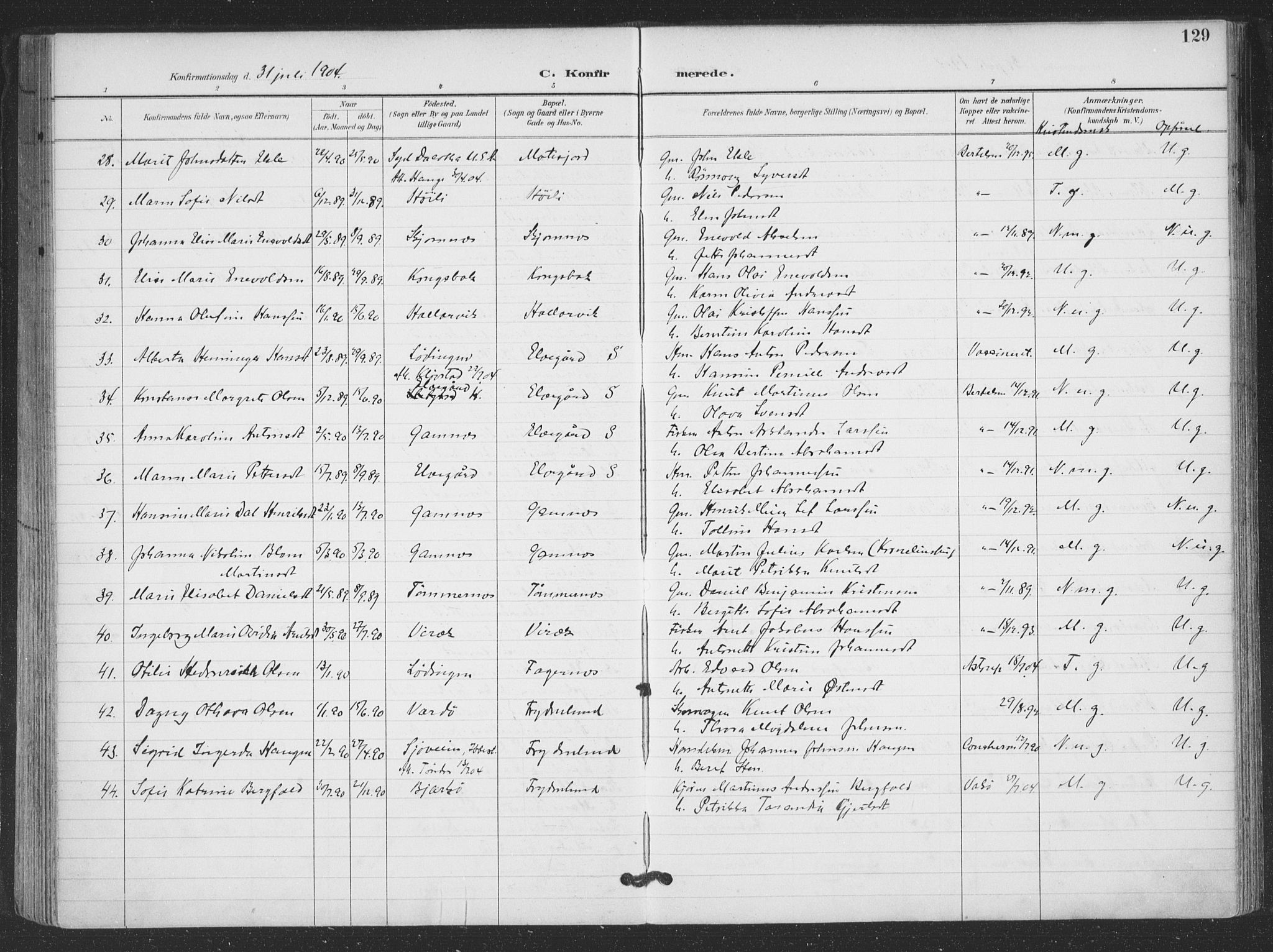 Ministerialprotokoller, klokkerbøker og fødselsregistre - Nordland, SAT/A-1459/866/L0939: Parish register (official) no. 866A02, 1894-1906, p. 129