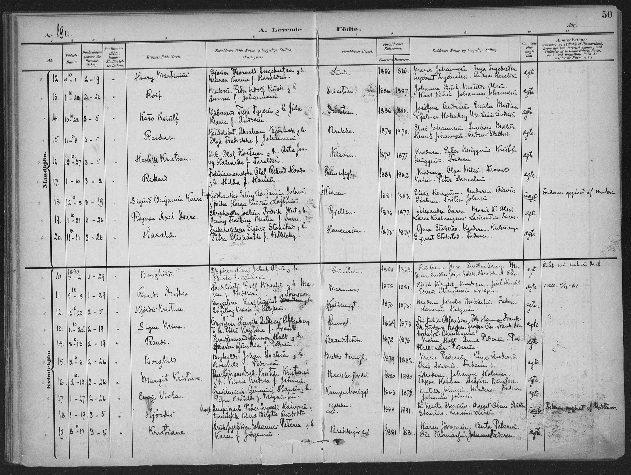 Skien kirkebøker, SAKO/A-302/F/Fa/L0012: Parish register (official) no. 12, 1908-1914, p. 50