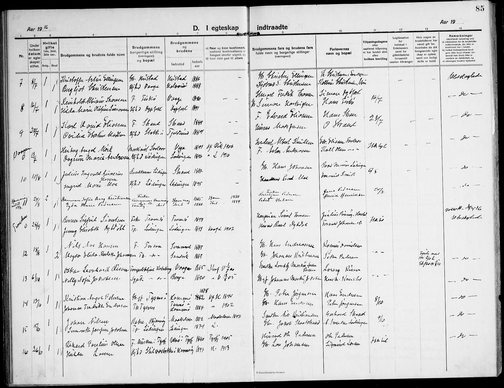 Ministerialprotokoller, klokkerbøker og fødselsregistre - Nordland, AV/SAT-A-1459/872/L1037: Parish register (official) no. 872A12, 1914-1925, p. 85