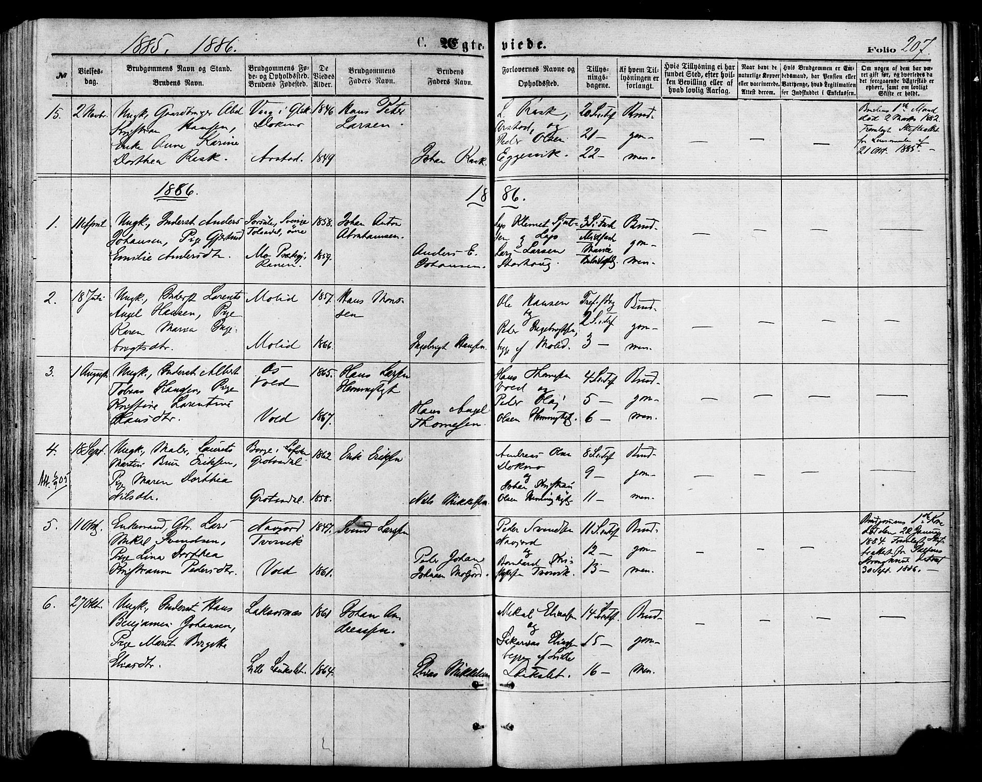 Ministerialprotokoller, klokkerbøker og fødselsregistre - Nordland, AV/SAT-A-1459/846/L0645: Parish register (official) no. 846A03, 1872-1886, p. 207